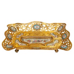 Antique French Gilt Bronze Desk / Inkwell Tray with Sévres Porcelain Plaques