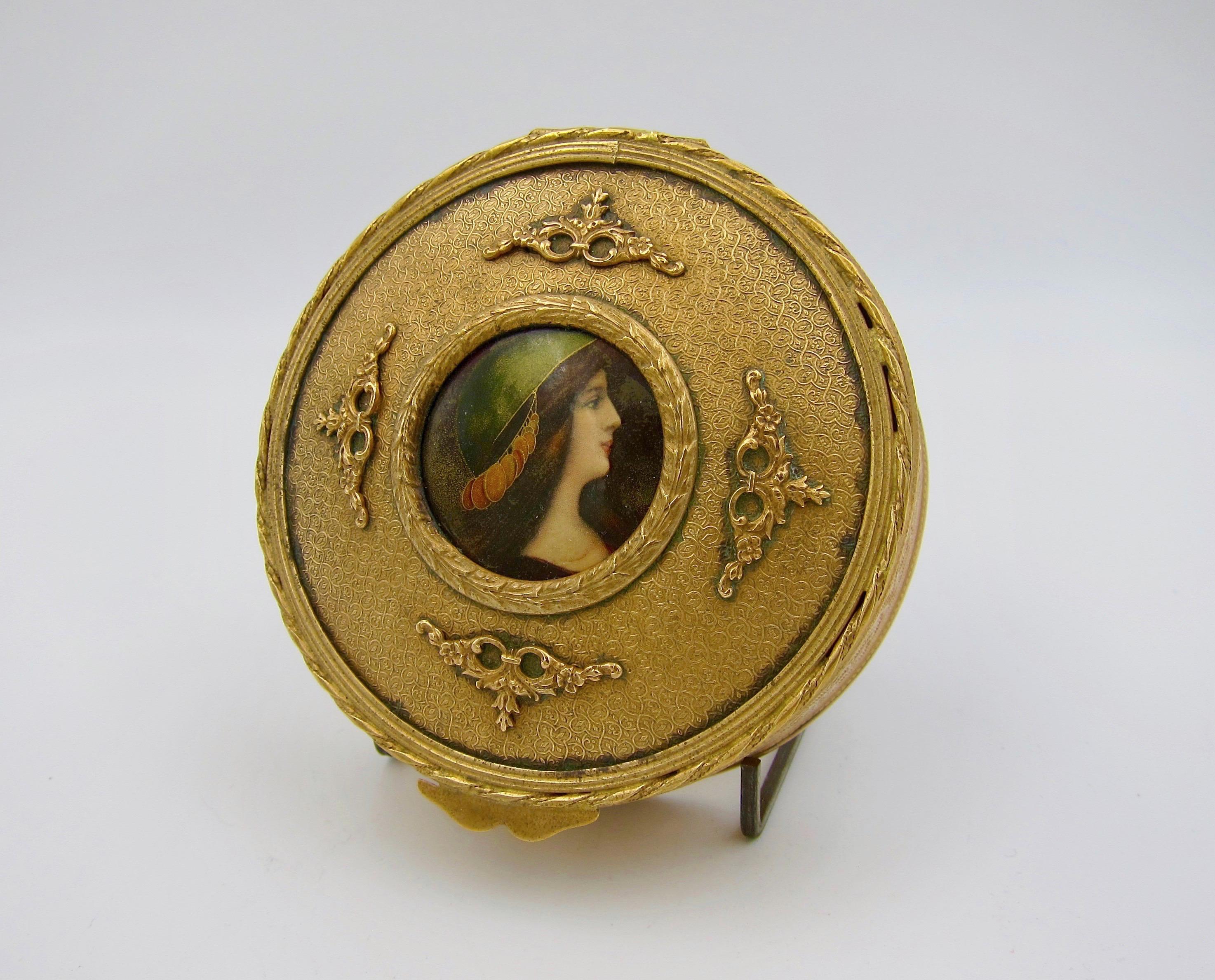 19th Century Antique French Gilt Bronze Vanity Box with an Enamel Portrait