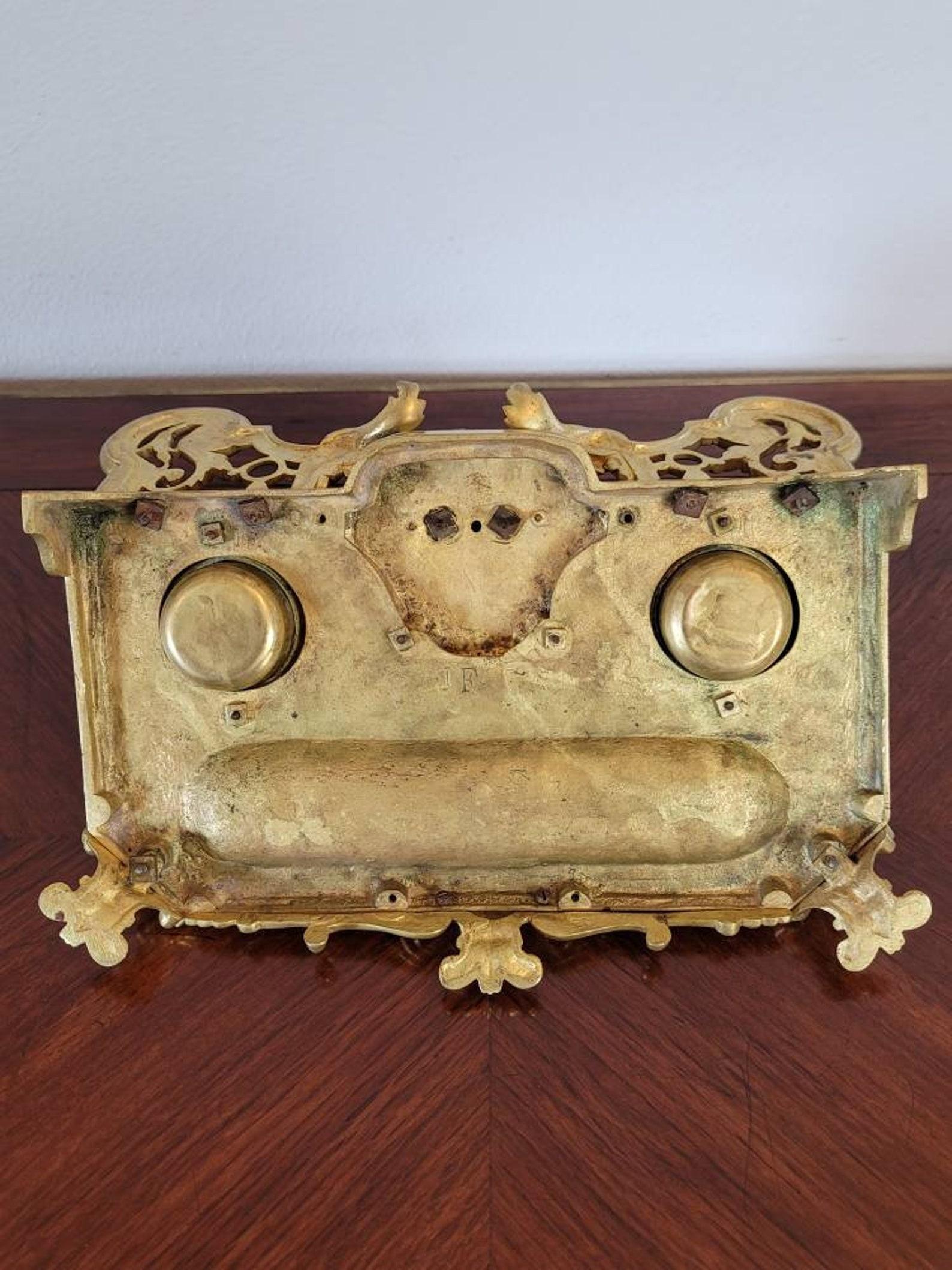 Antique French Gilt Bronze Encrier Inkwell Desk Stand, Signed JF For Sale 5