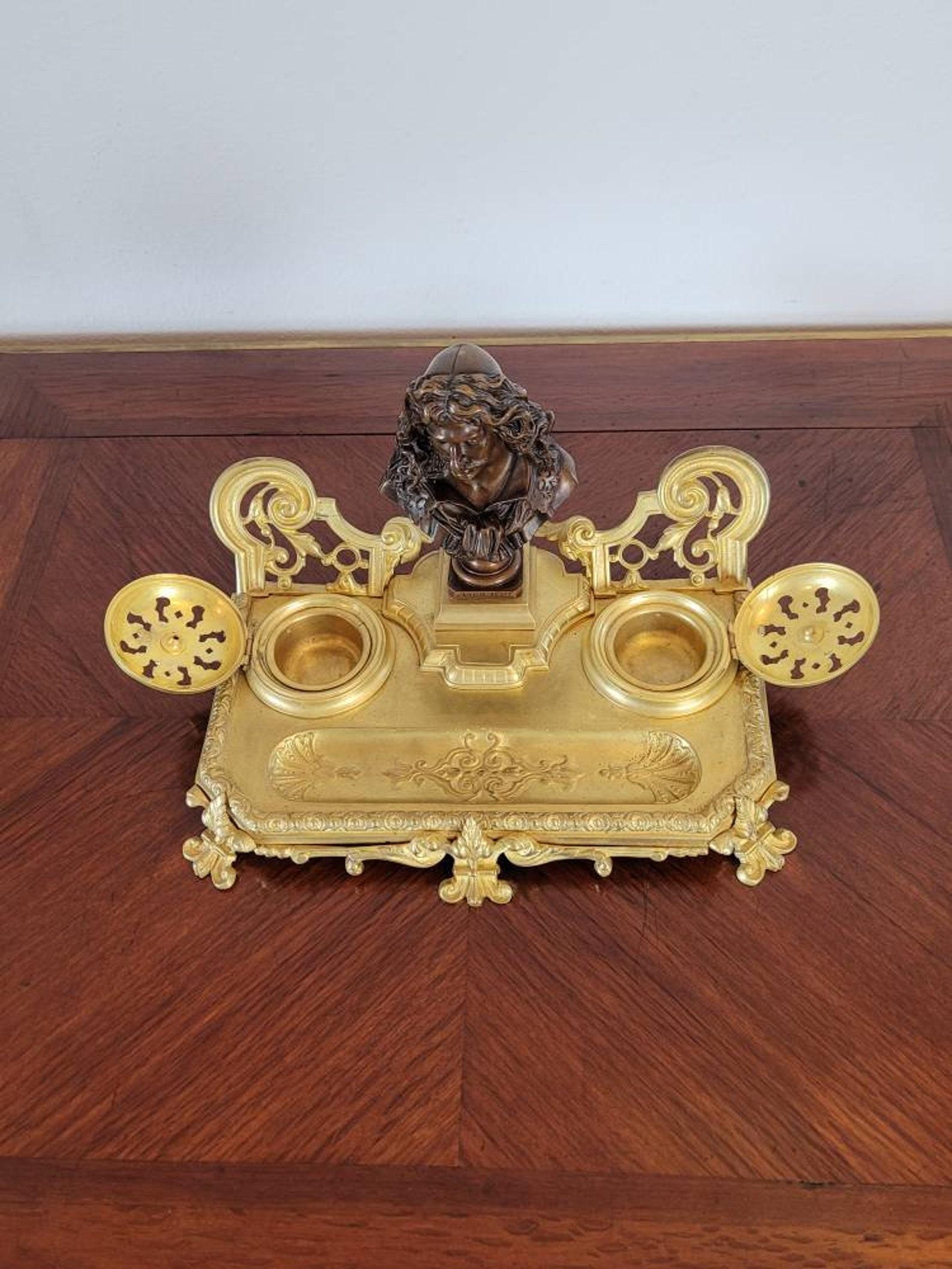 19th Century Antique French Gilt Bronze Encrier Inkwell Desk Stand, Signed JF For Sale