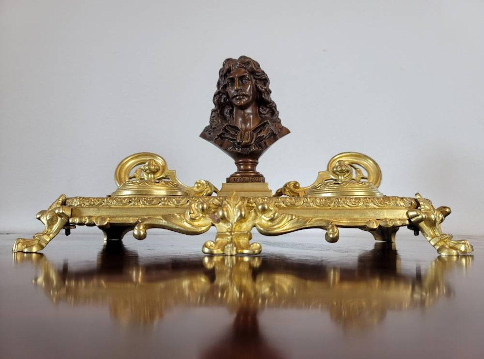 Antique French Gilt Bronze Encrier Inkwell Desk Stand, Signed JF For Sale 1