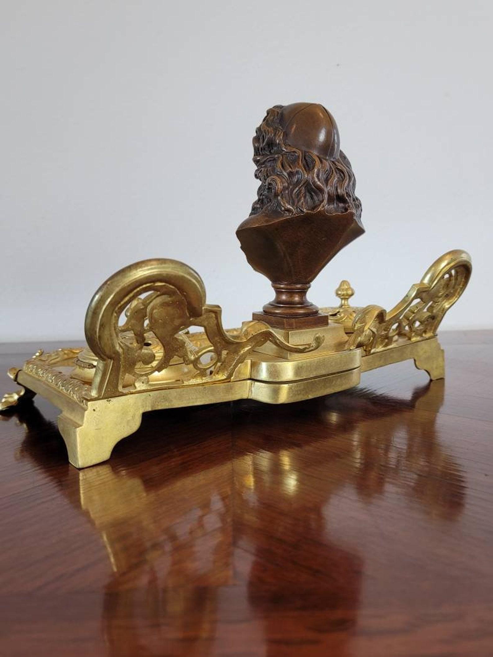 Antique French Gilt Bronze Encrier Inkwell Desk Stand, Signed JF For Sale 2