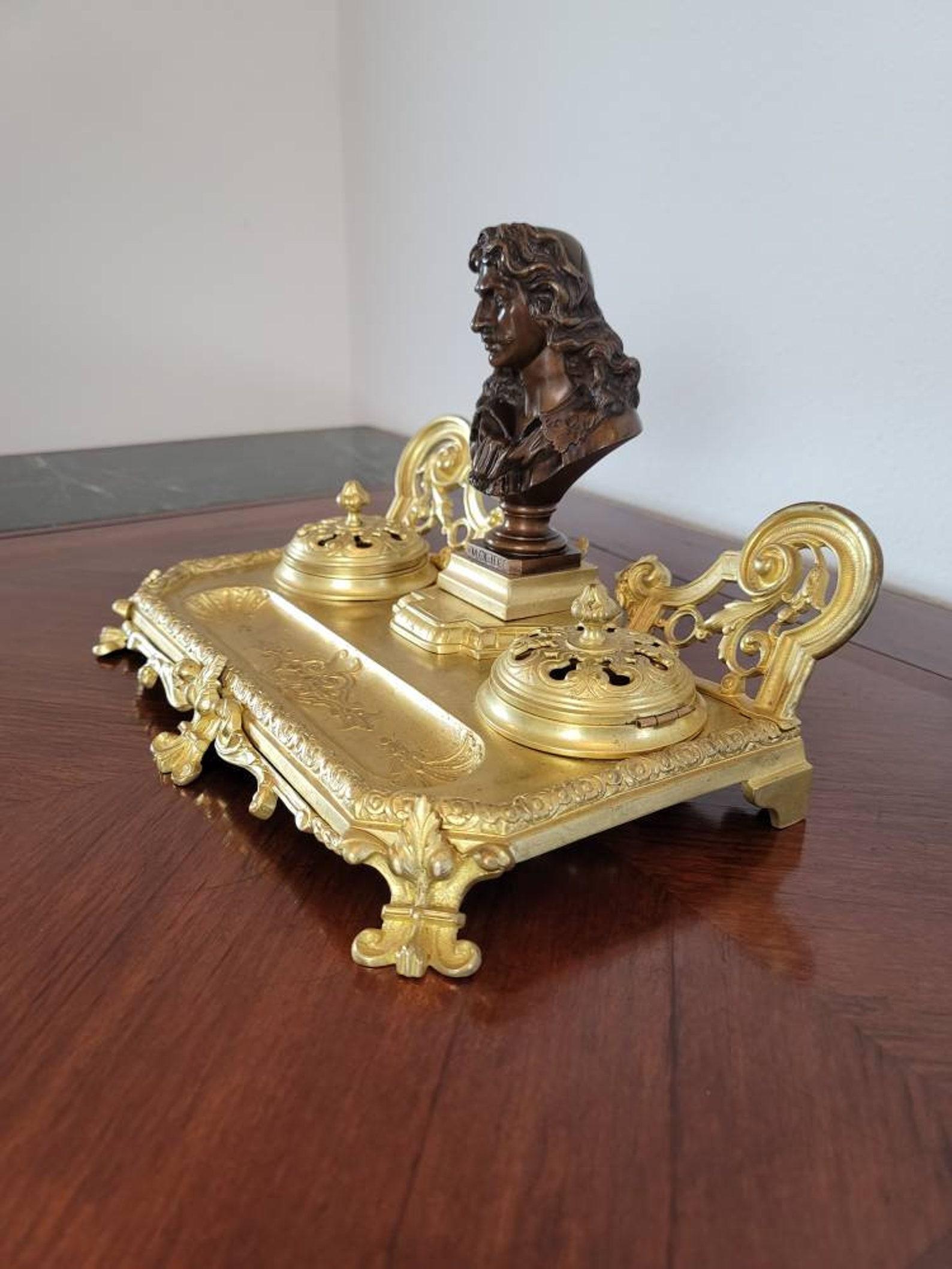 Antique French Gilt Bronze Encrier Inkwell Desk Stand, Signed JF For Sale 3