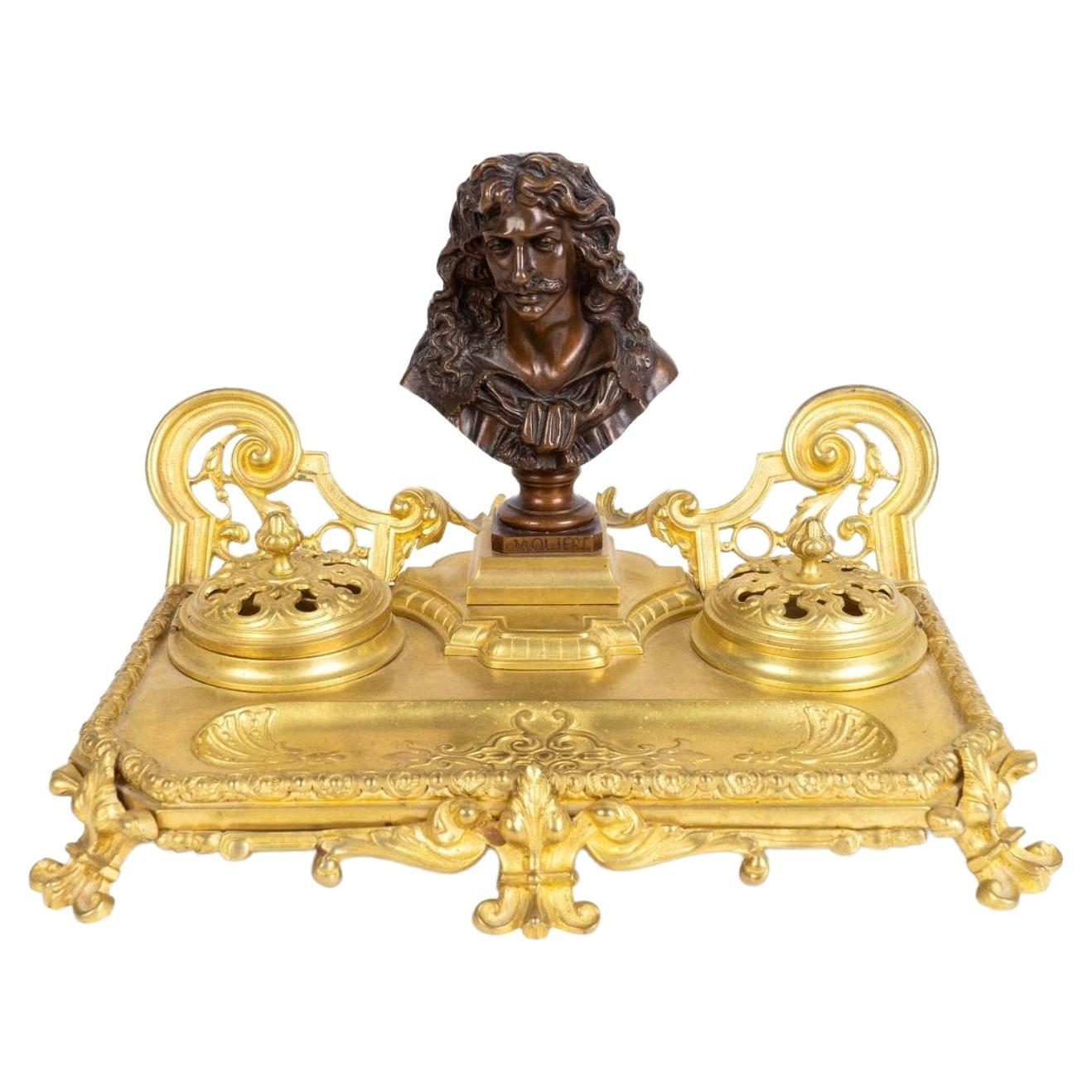 Antike Französisch vergoldete Bronze Encrier Inkwell Desk Stand, signiert JF