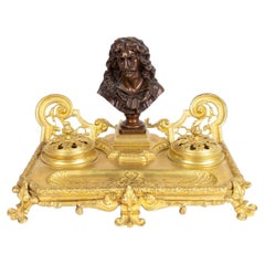 Antike Französisch vergoldete Bronze Encrier Inkwell Desk Stand, signiert JF