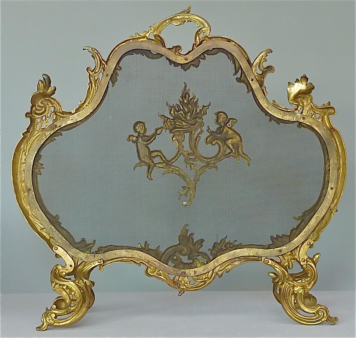 Antique French Gilt Bronze Fire Place Screen 19th Century Cherub Louis XV Style For Sale 14