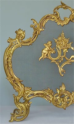 Antique French Gilt Bronze Fire Place Screen 19th Century Cherub Louis XV Style
