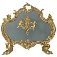 Antique French Gilt Bronze Fire Place Screen 19th Century Cherub Louis XV Style