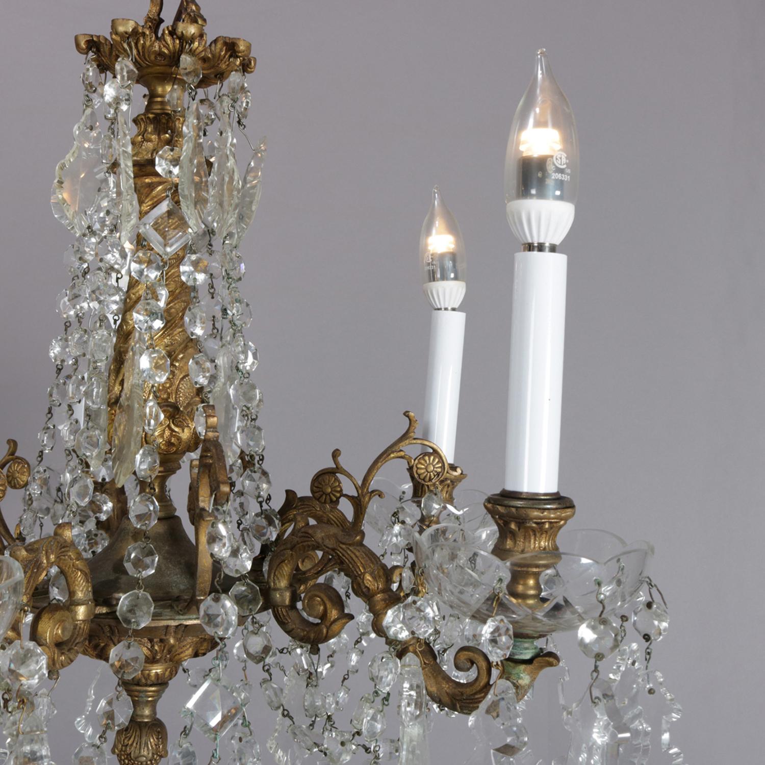 Antique French Gilt Bronze Foliate and Cut Crystal Five-Light Chandelier 5