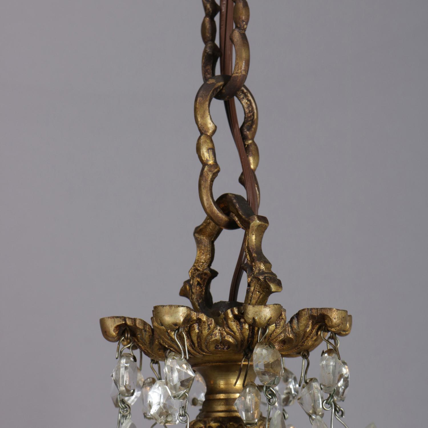 Antique French Gilt Bronze Foliate and Cut Crystal Five-Light Chandelier 7