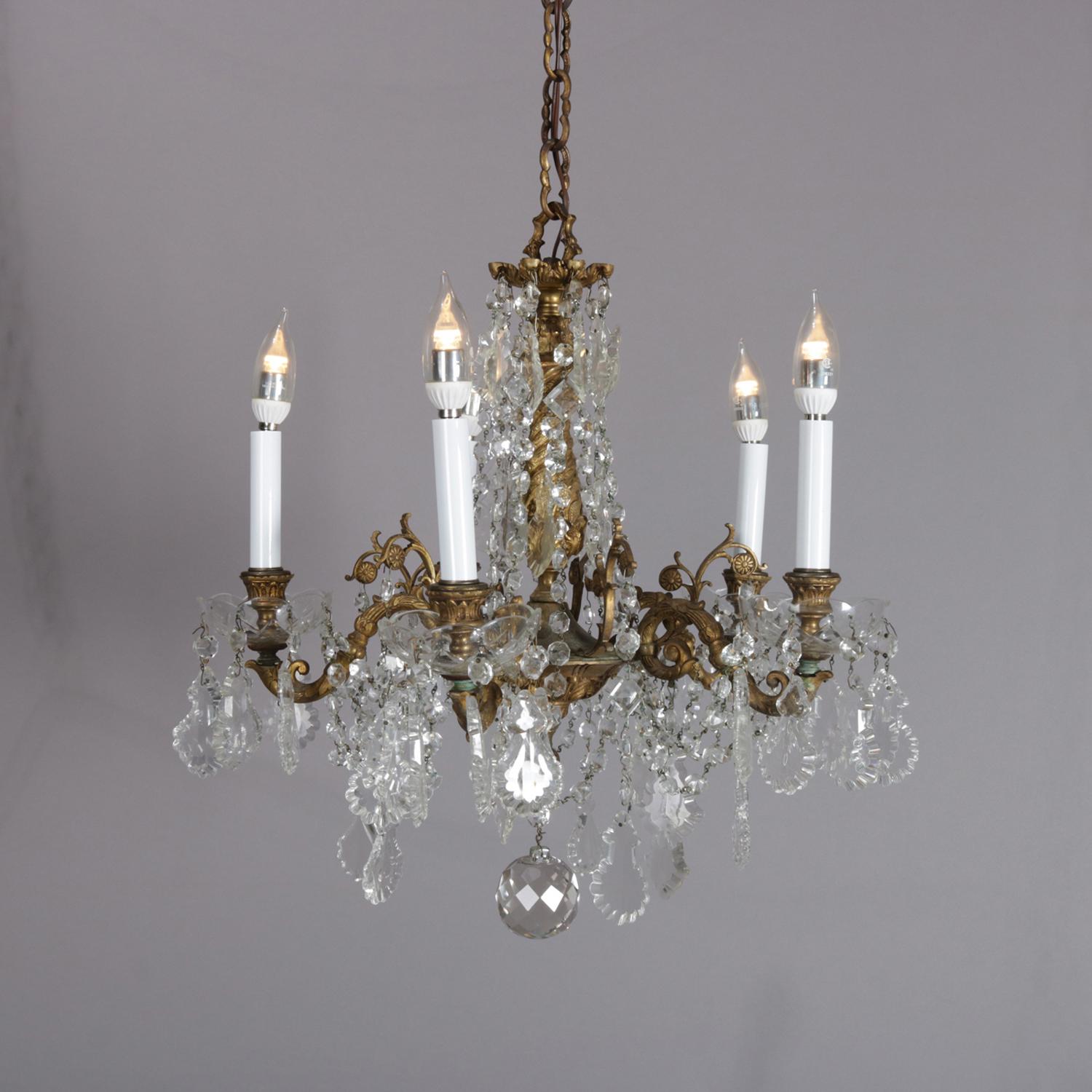 Cast Antique French Gilt Bronze Foliate and Cut Crystal Five-Light Chandelier