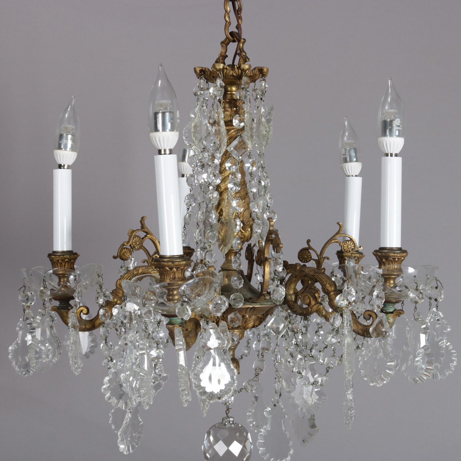 Antique French Gilt Bronze Foliate and Cut Crystal Five-Light Chandelier In Good Condition In Big Flats, NY