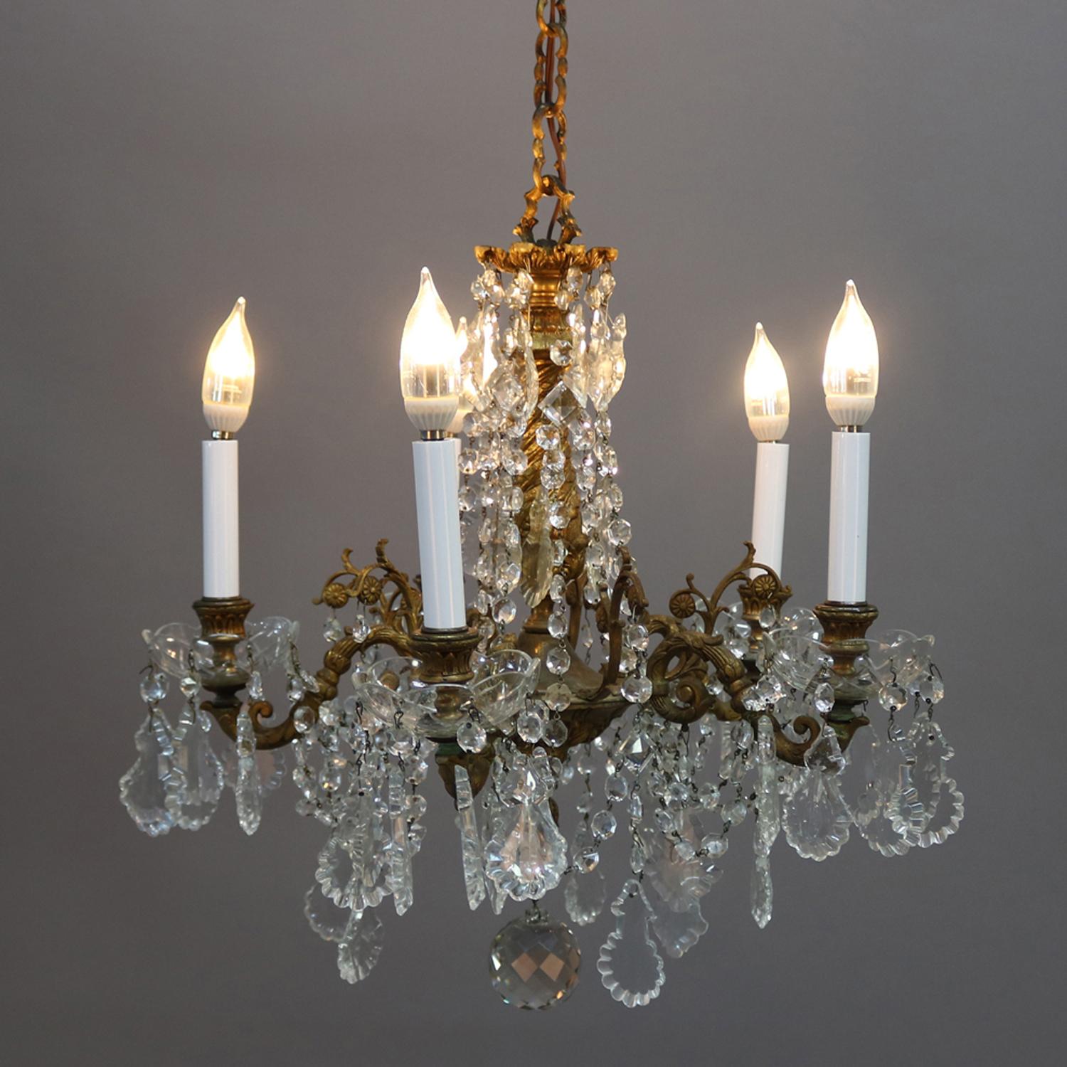 20th Century Antique French Gilt Bronze Foliate and Cut Crystal Five-Light Chandelier