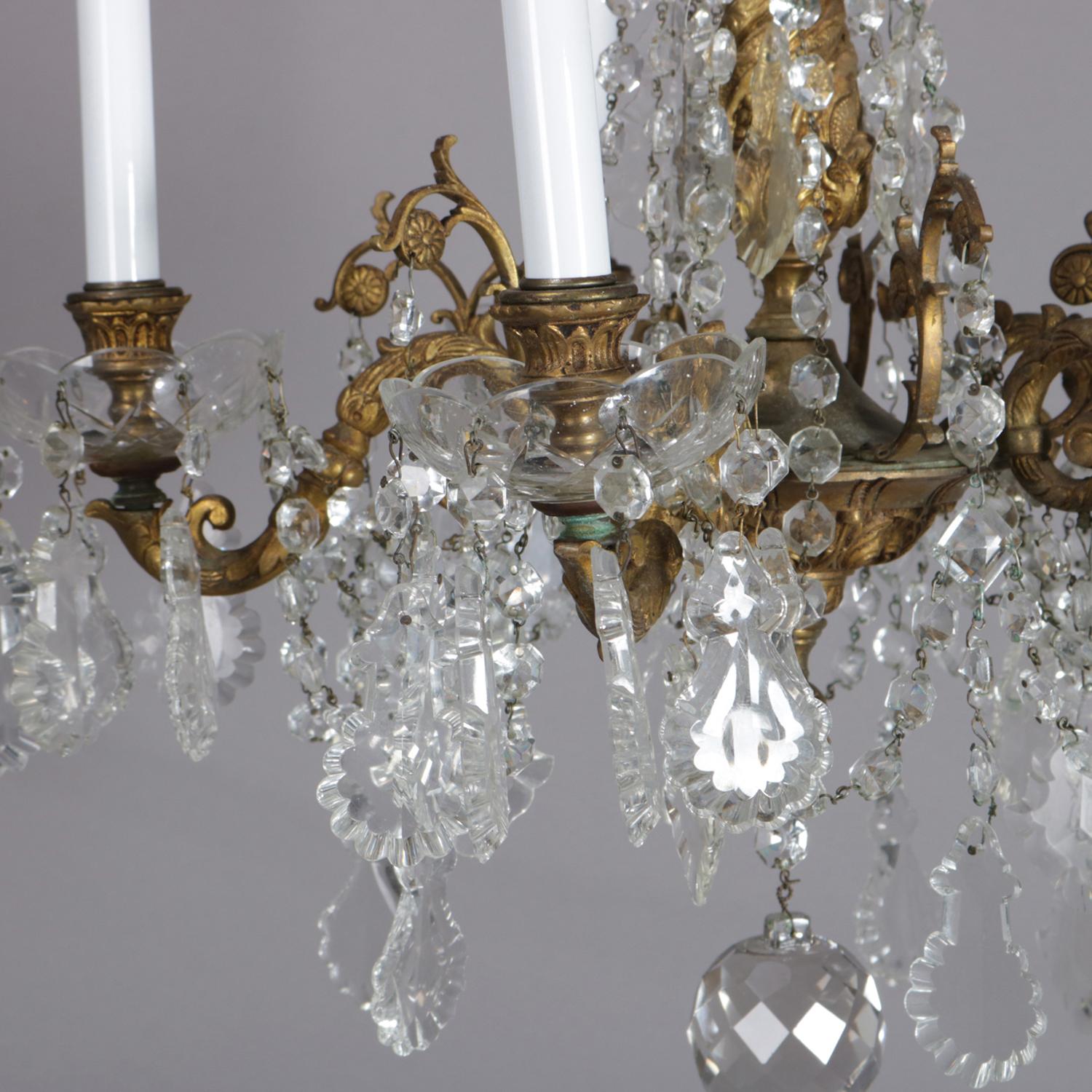 Antique French Gilt Bronze Foliate and Cut Crystal Five-Light Chandelier 1