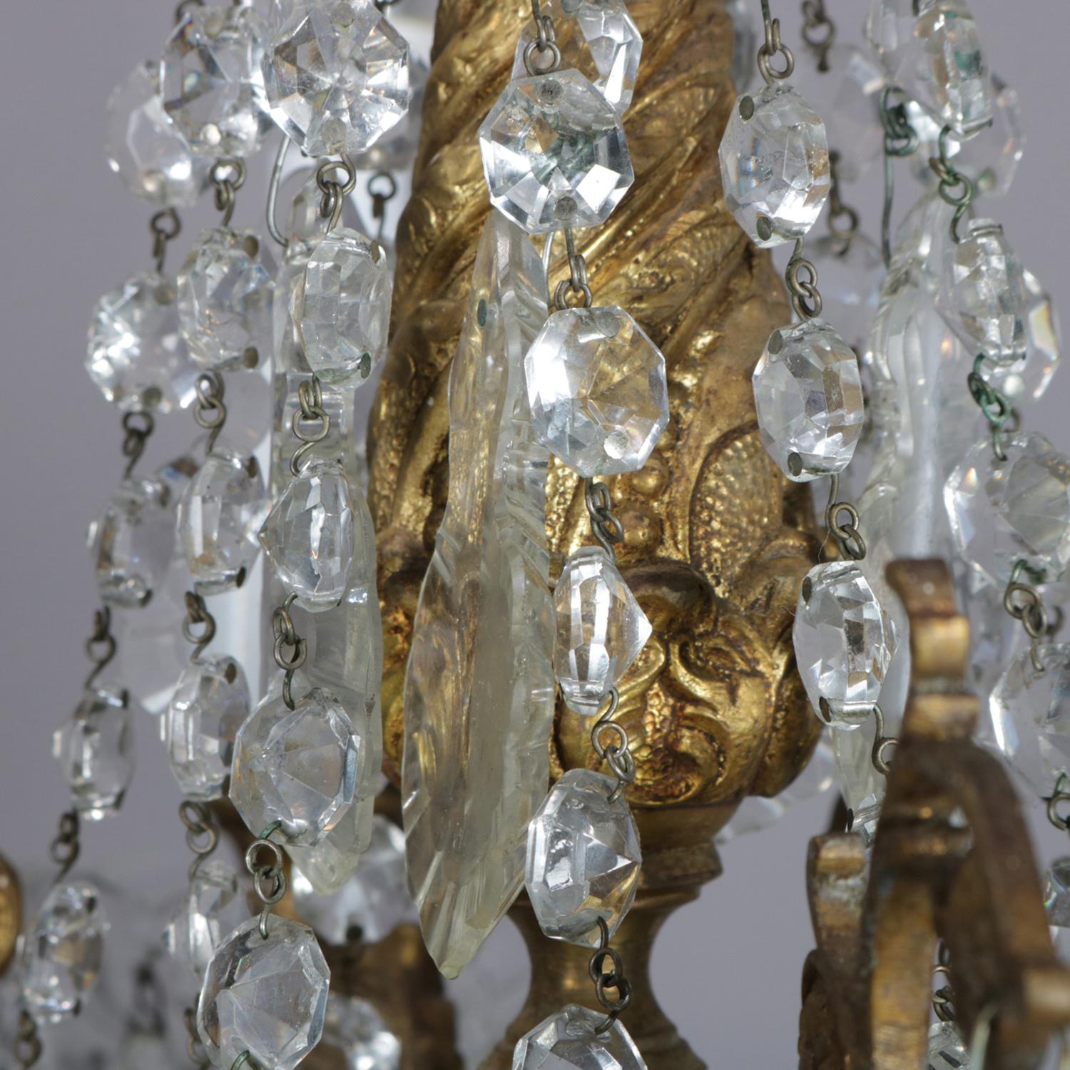 Antique French Gilt Bronze Foliate and Cut Crystal Five-Light Chandelier 4