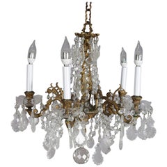 Antique French Gilt Bronze Foliate and Cut Crystal Five-Light Chandelier