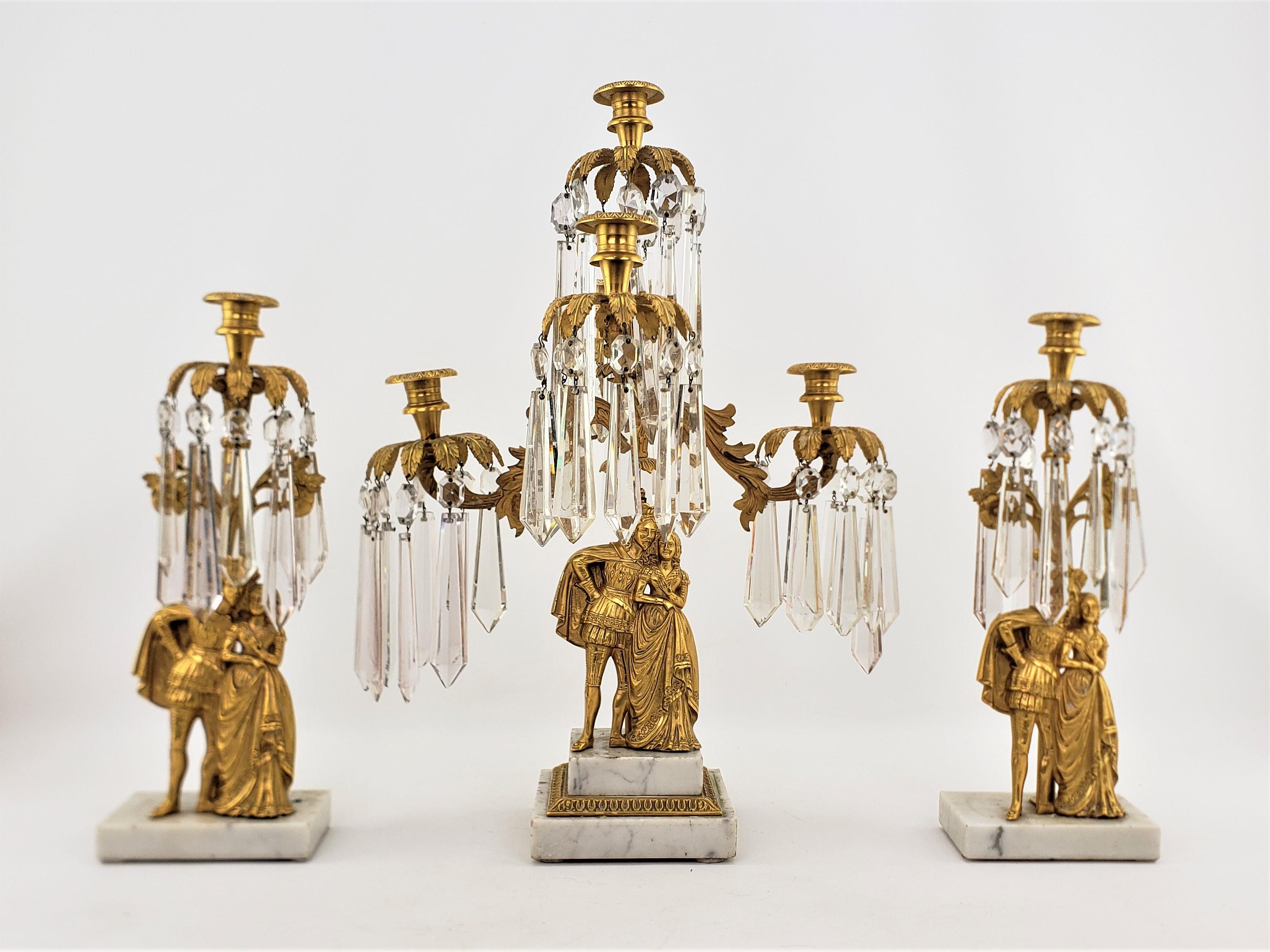 Louis XVI Antique French Gilt Bronze Girandole & Matching Lusters with Cast Noble Figures For Sale