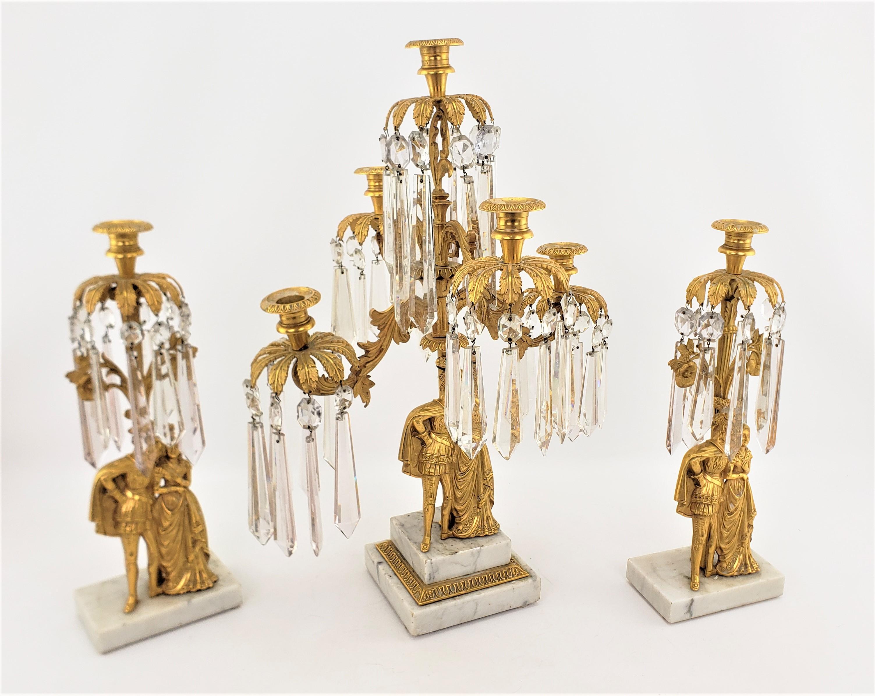Antique French Gilt Bronze Girandole & Matching Lusters with Cast Noble Figures In Good Condition For Sale In Hamilton, Ontario