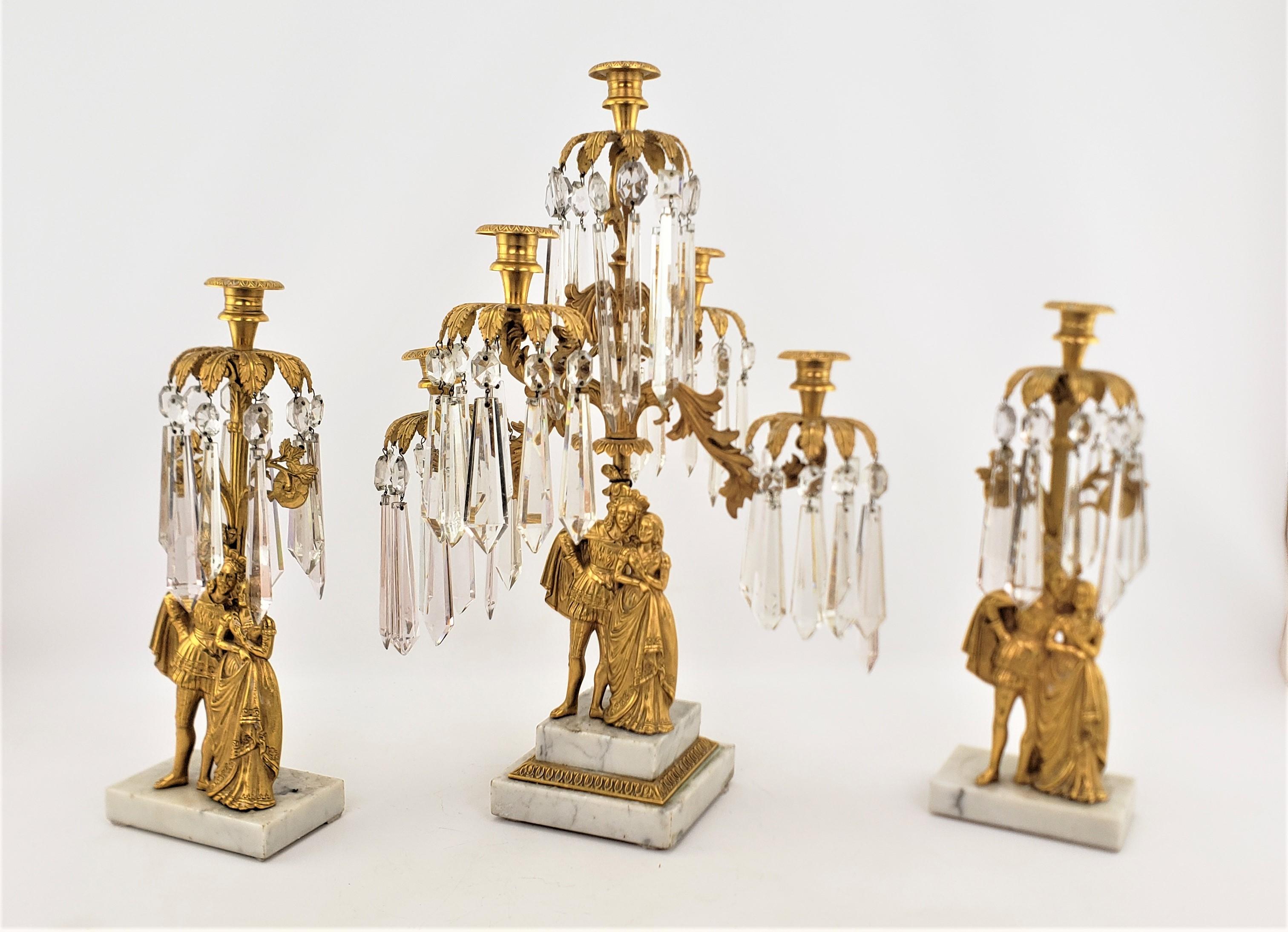19th Century Antique French Gilt Bronze Girandole & Matching Lusters with Cast Noble Figures For Sale