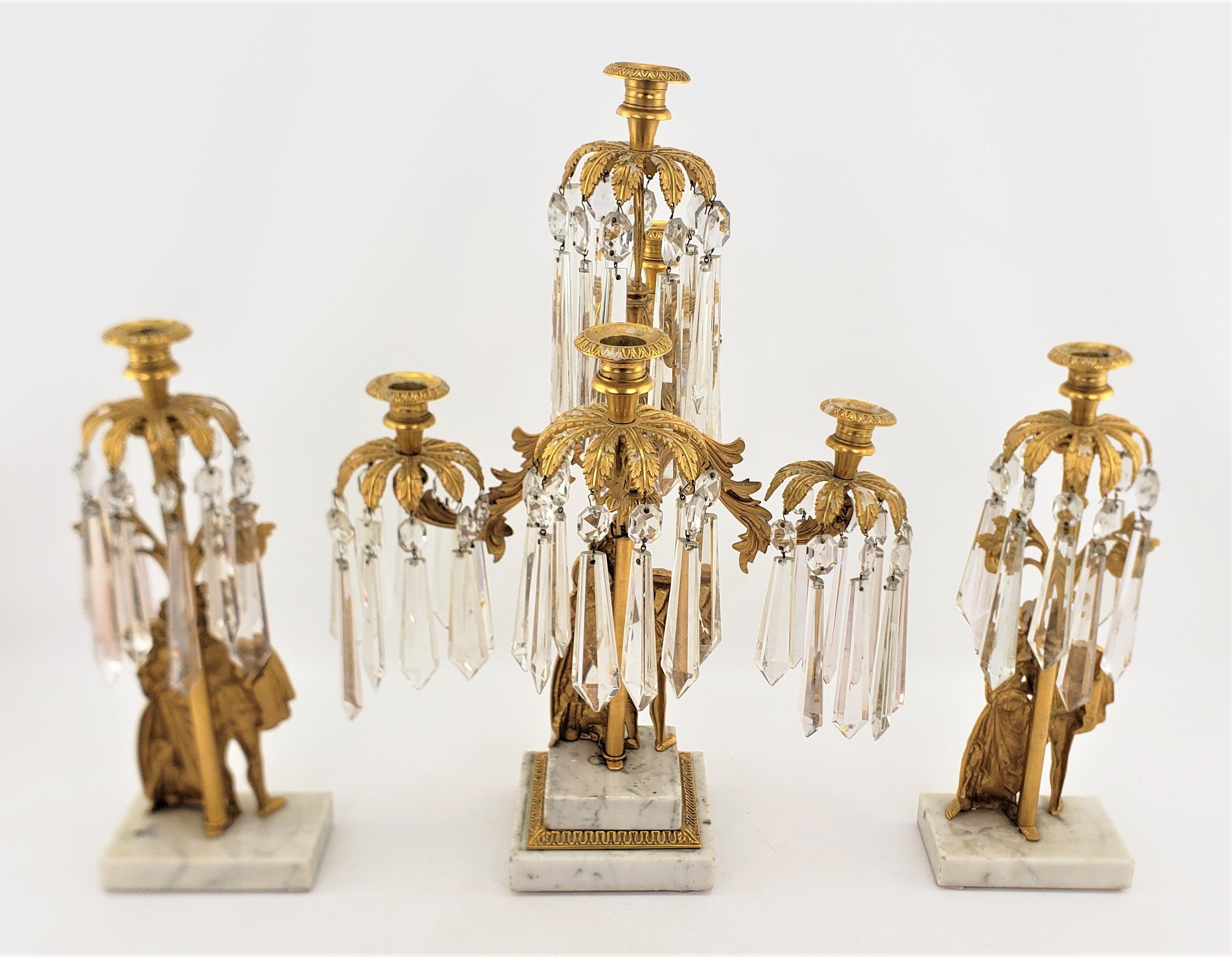 Antique French Gilt Bronze Girandole & Matching Lusters with Cast Noble Figures For Sale 4