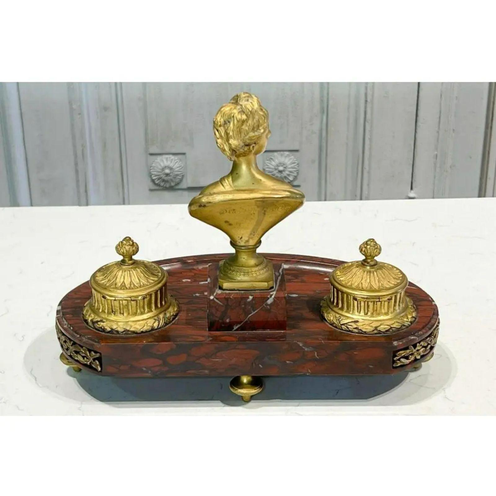 Antique French gilt bronze inkwell on rouge marble stand. It is of superb quality and features a central figure of Diana The Huntress.

Provenance: From the estate of Texas Oil Tycoon T. Boone Pickens.

Additional information: 
Materials: