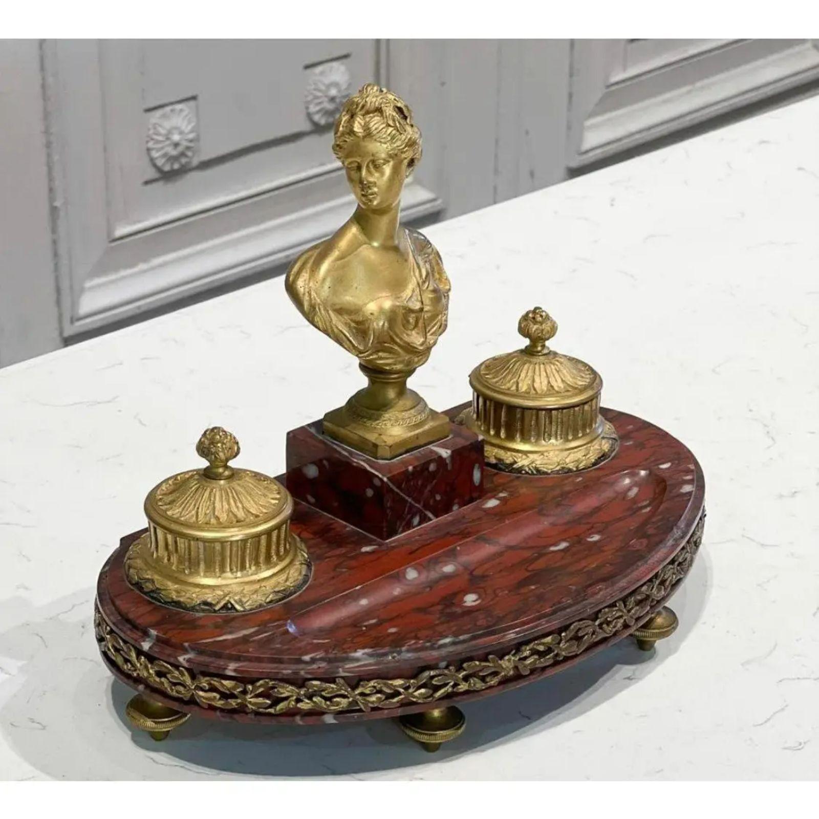 Regency Antique French Gilt Bronze Inkwell on Rouge Marble Stand, 19th Century For Sale