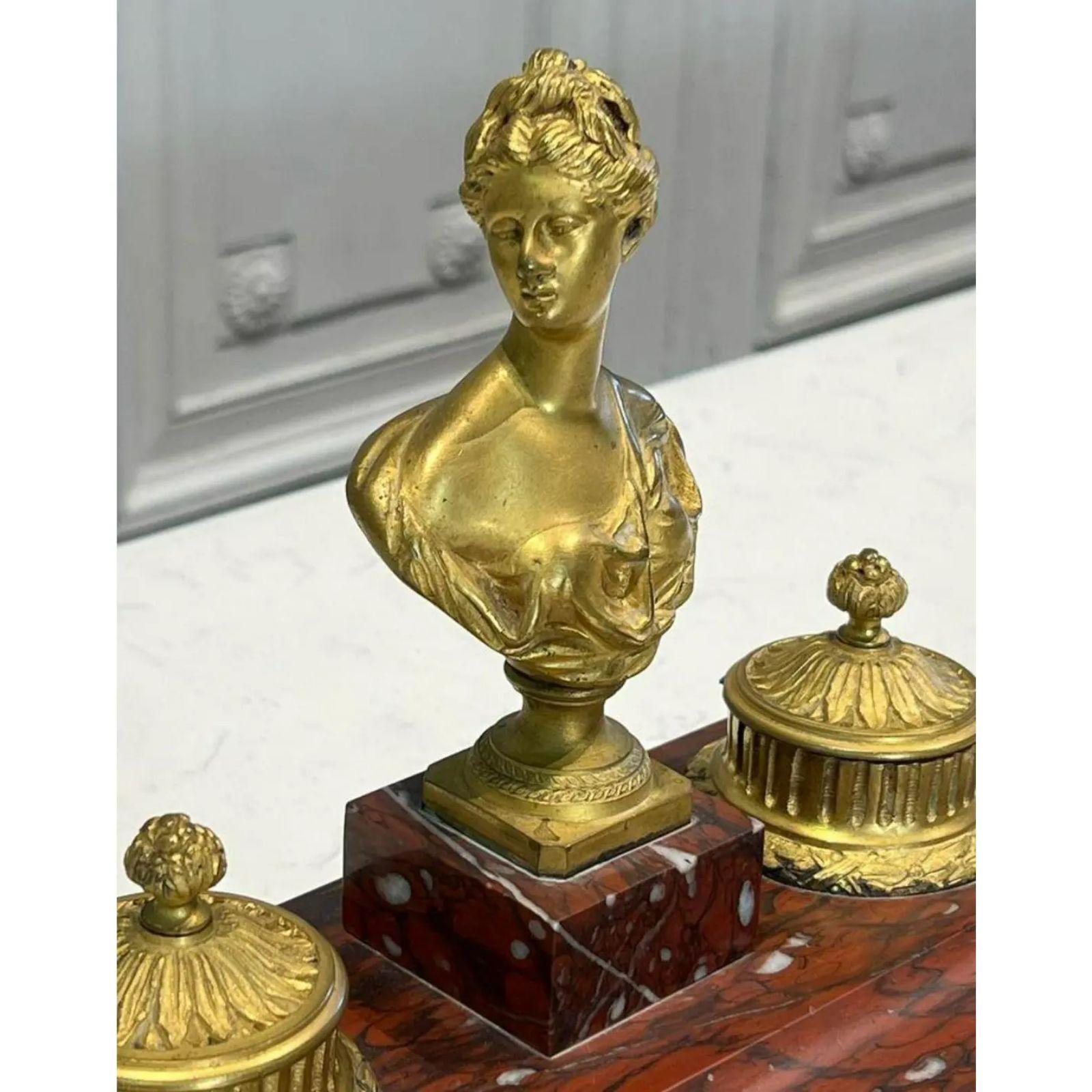 Antique French Gilt Bronze Inkwell on Rouge Marble Stand, 19th Century In Good Condition For Sale In LOS ANGELES, CA