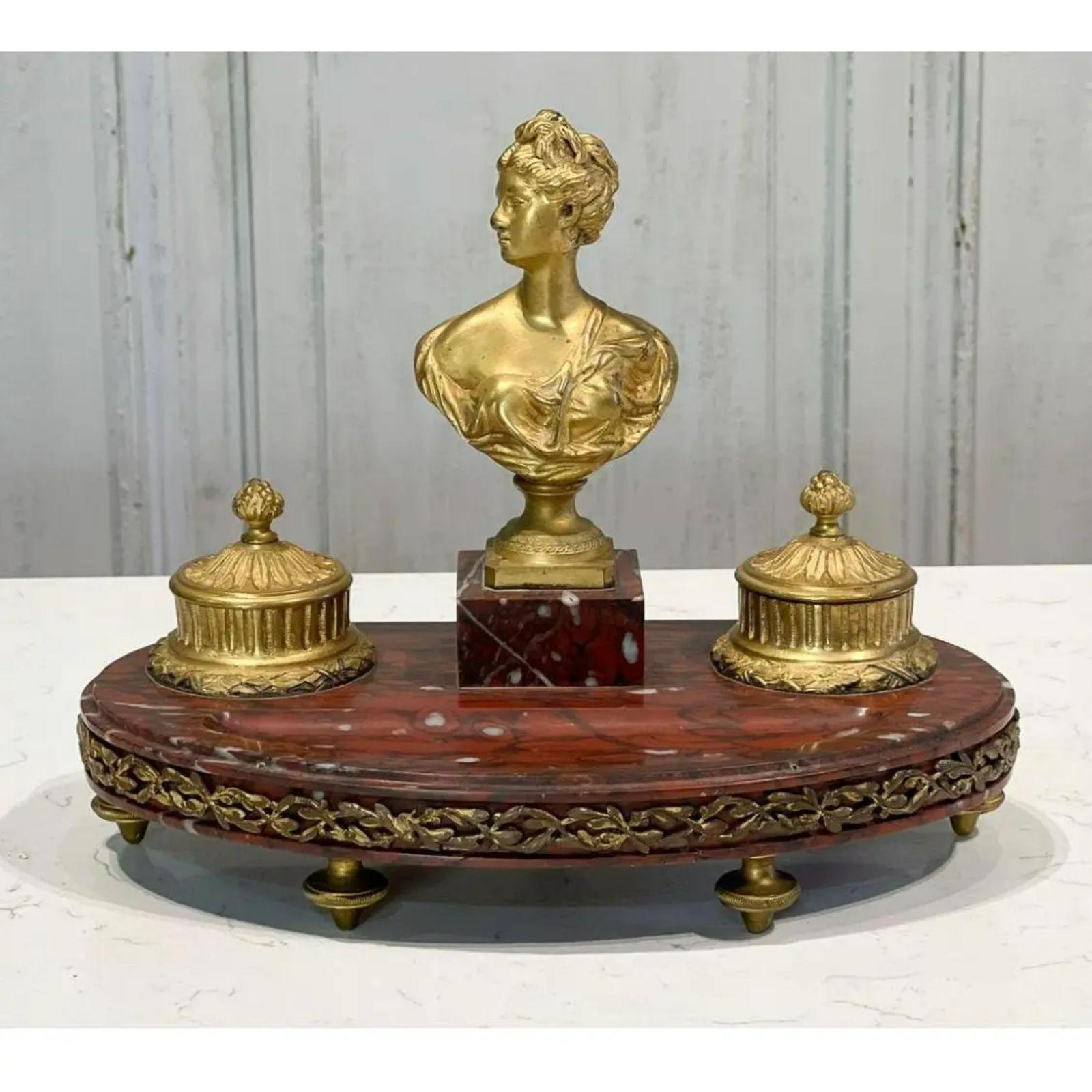 Antique French Gilt Bronze Inkwell on Rouge Marble Stand, 19th Century For Sale 1