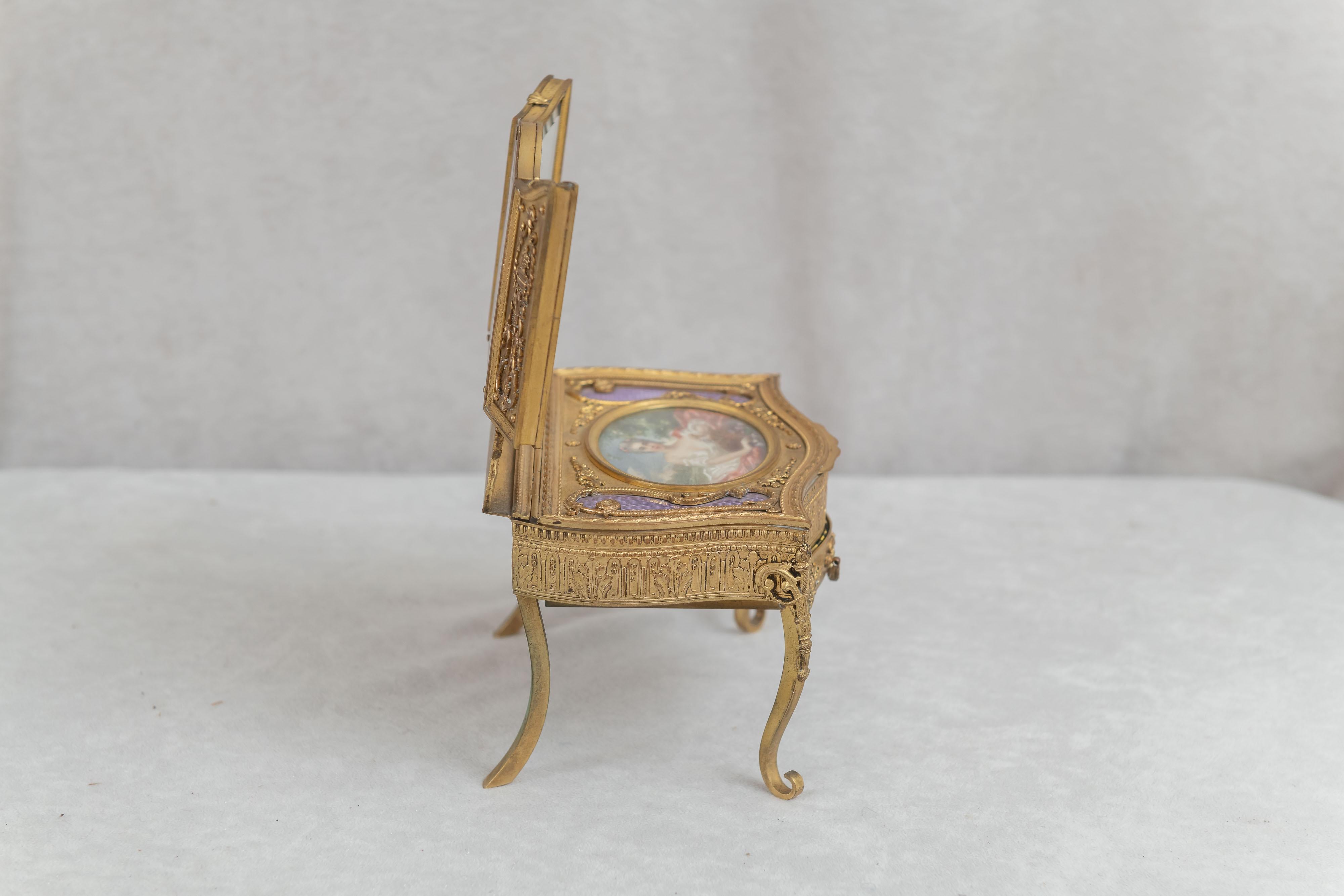 Antique French Gilt Bronze Jewelry Box / Miniature Triple Mirror Vanity 4