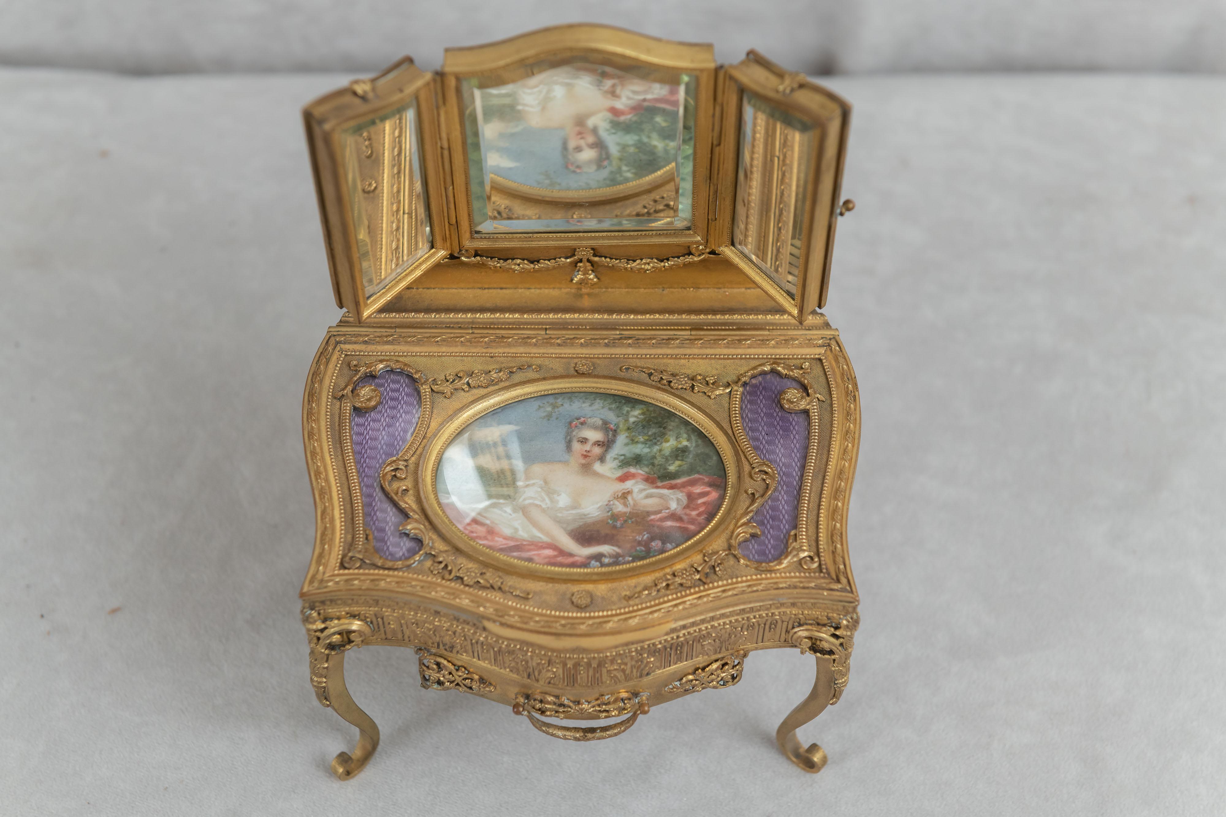 Antique French Gilt Bronze Jewelry Box / Miniature Triple Mirror Vanity 9