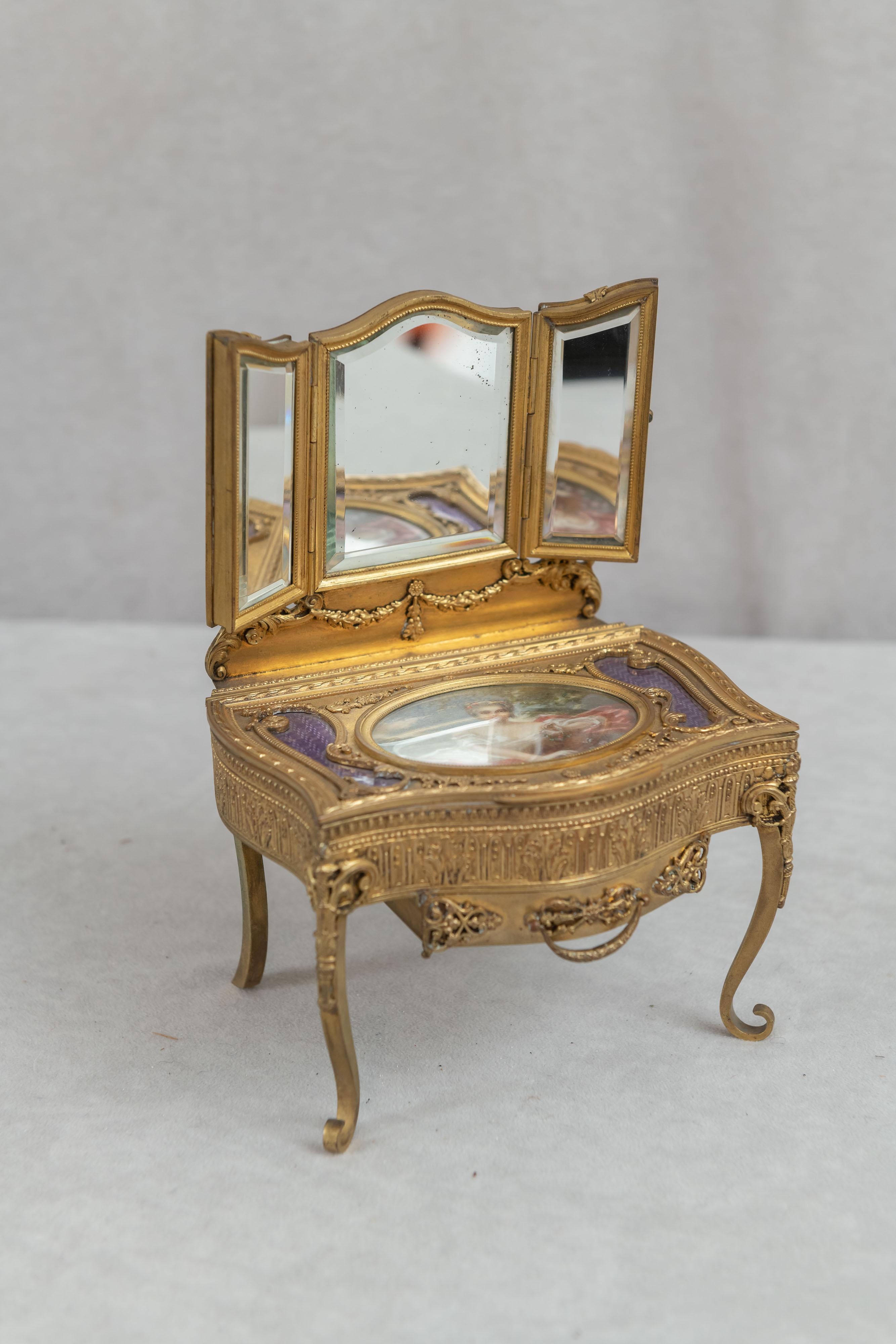 Belle Époque Antique French Gilt Bronze Jewelry Box / Miniature Triple Mirror Vanity