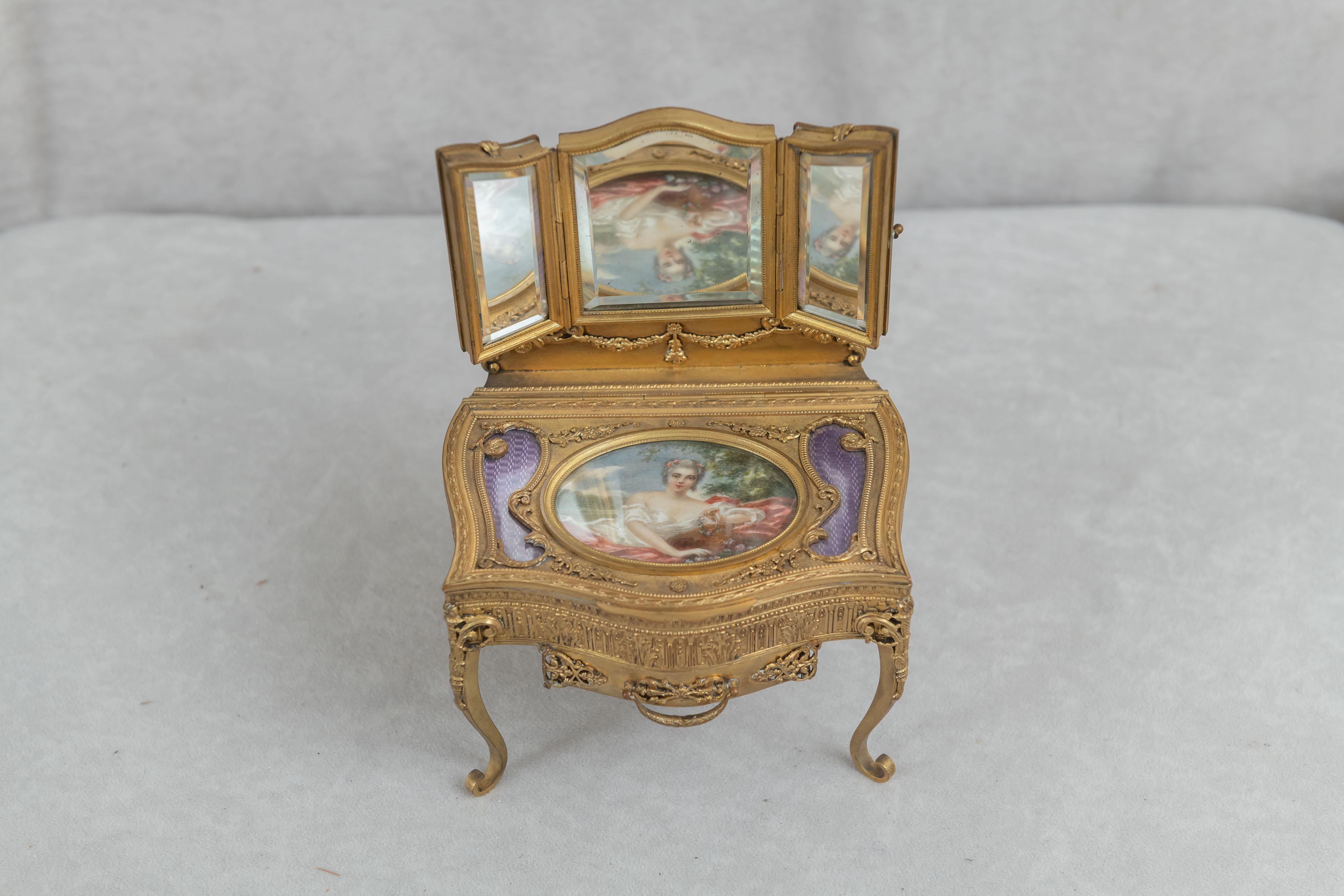 Beveled Antique French Gilt Bronze Jewelry Box / Miniature Triple Mirror Vanity