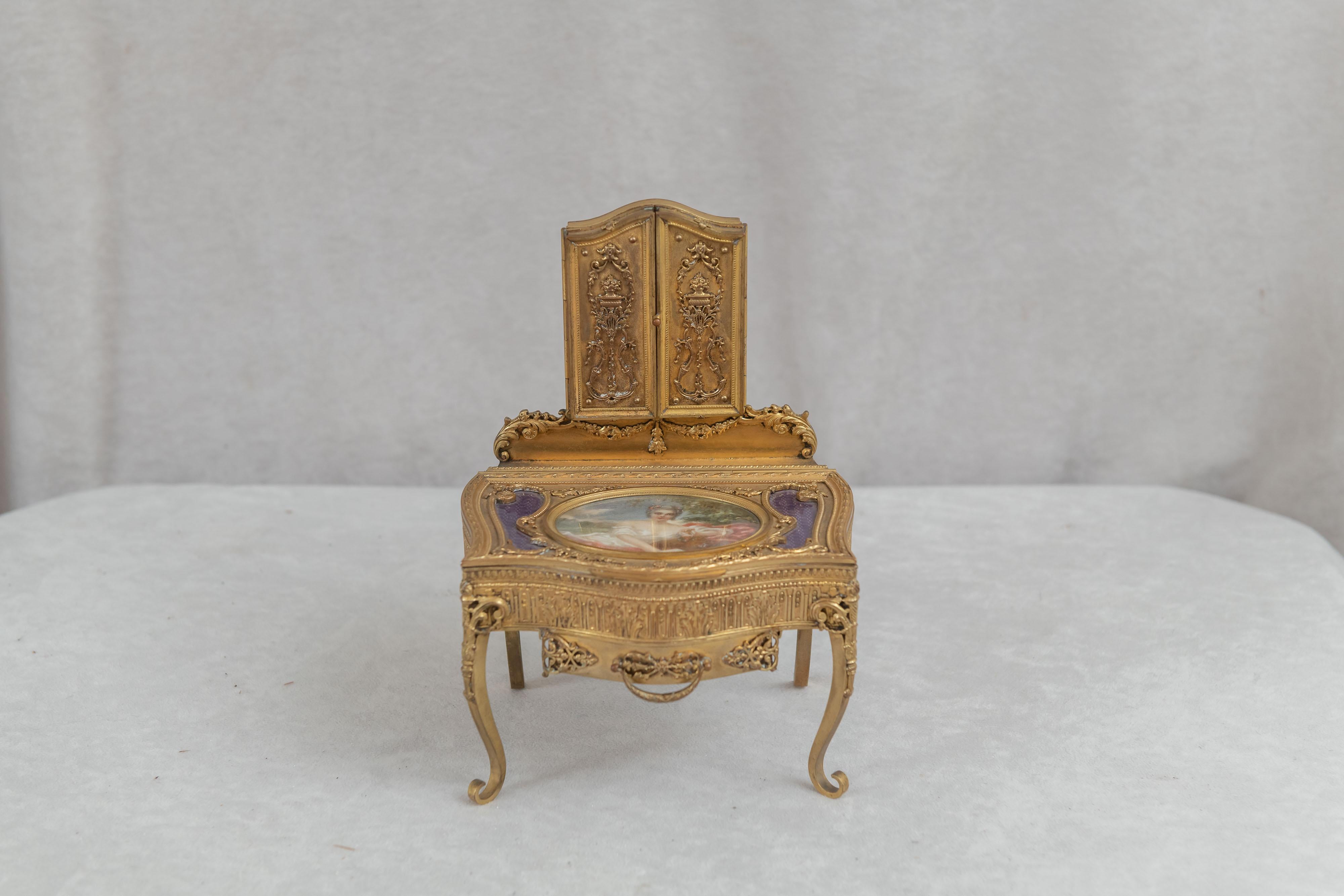 19th Century Antique French Gilt Bronze Jewelry Box / Miniature Triple Mirror Vanity