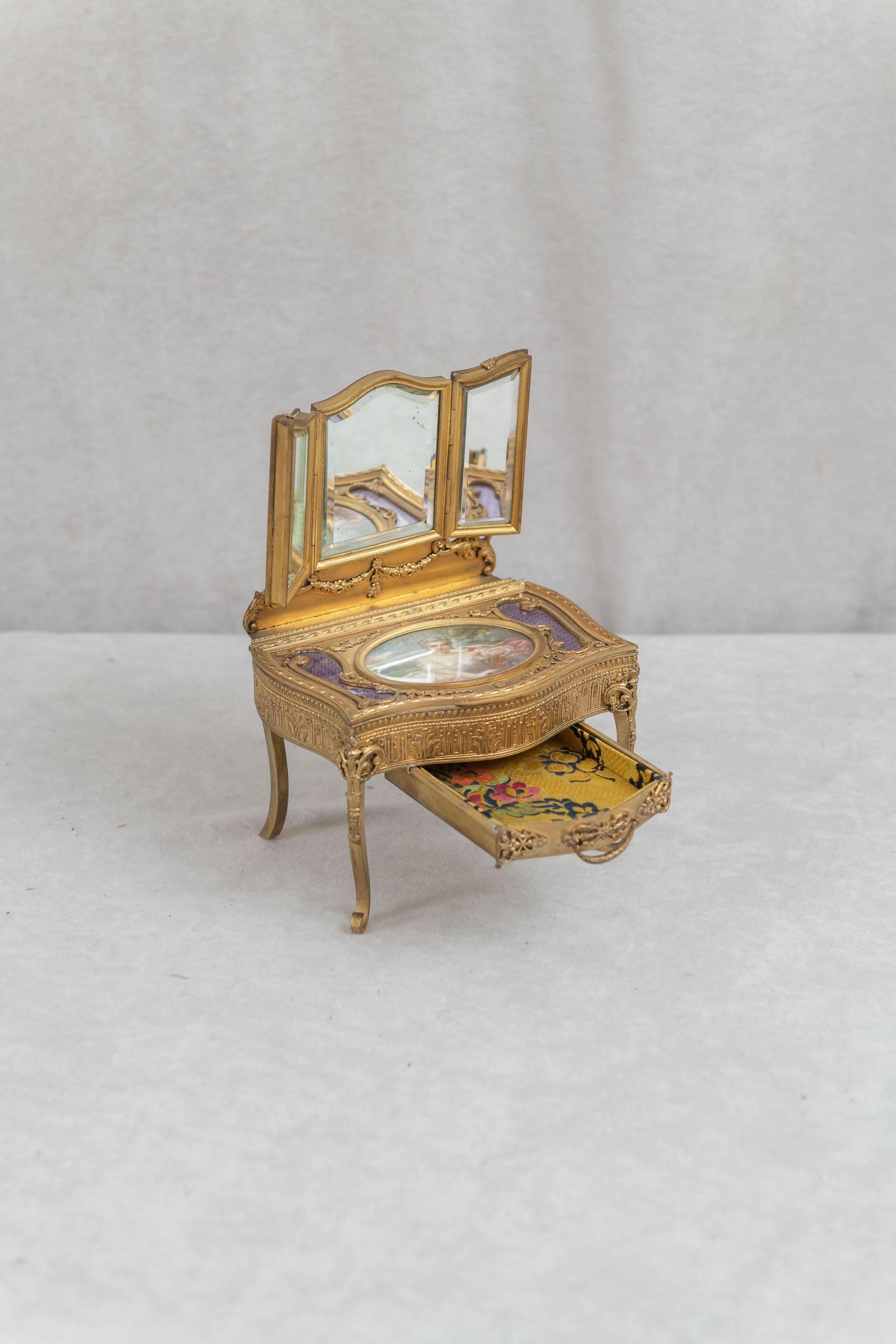 Antique French Gilt Bronze Jewelry Box / Miniature Triple Mirror Vanity 2
