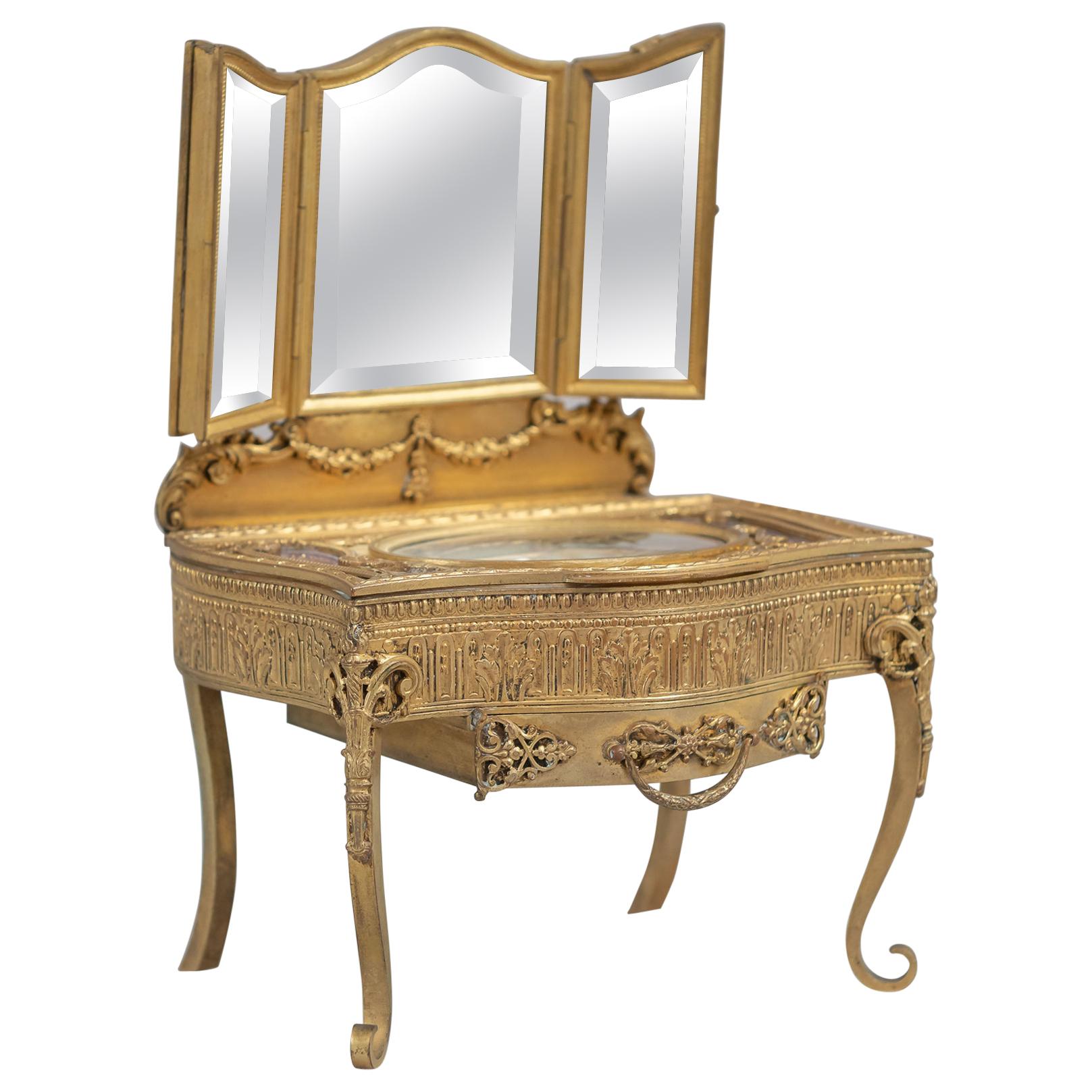 Antique French Gilt Bronze Jewelry Box / Miniature Triple Mirror Vanity
