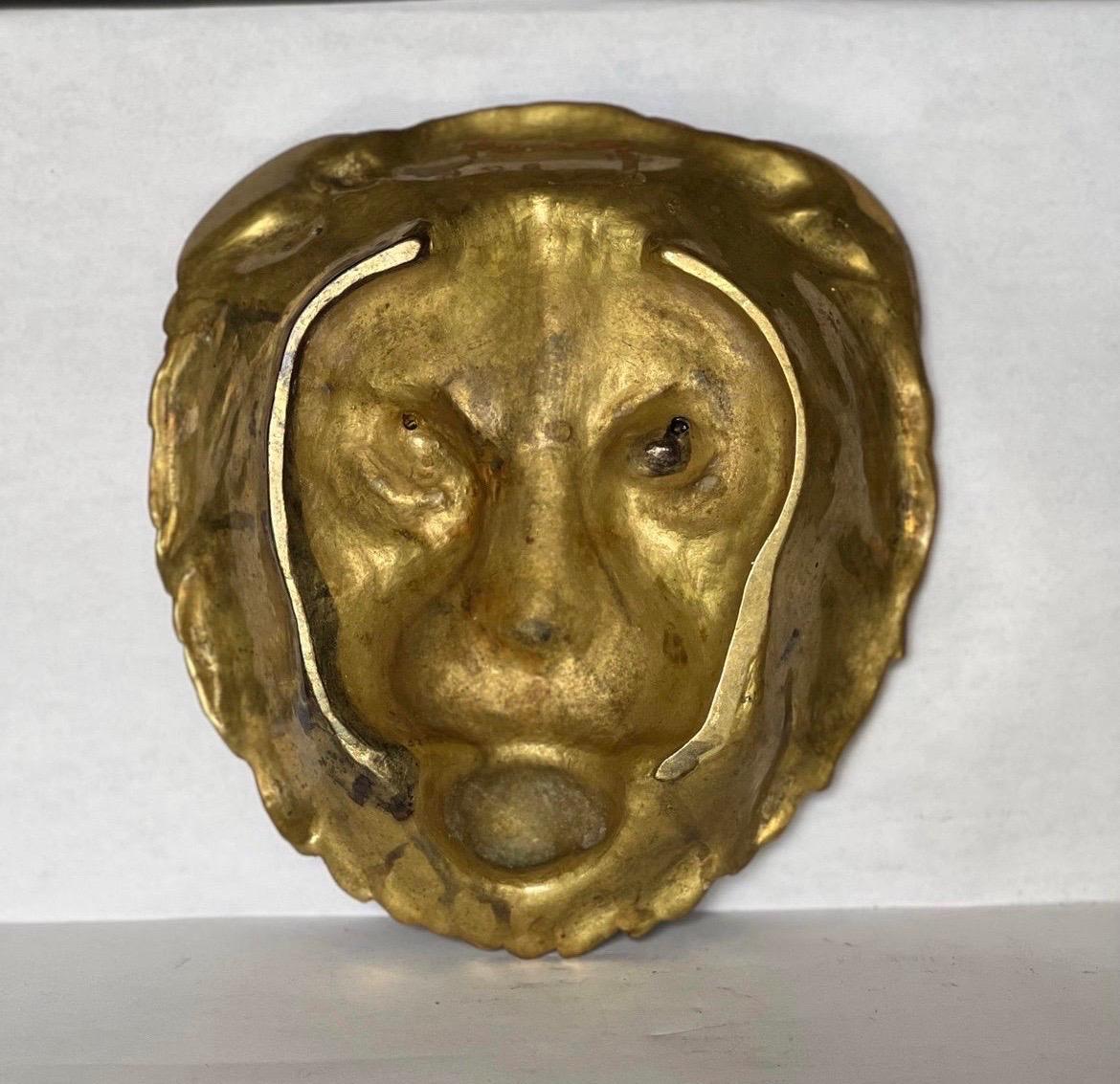 Neoclassical Antique French Gilt Bronze Lion Head Form Ashtray / Catchall with Glass Eyes For Sale