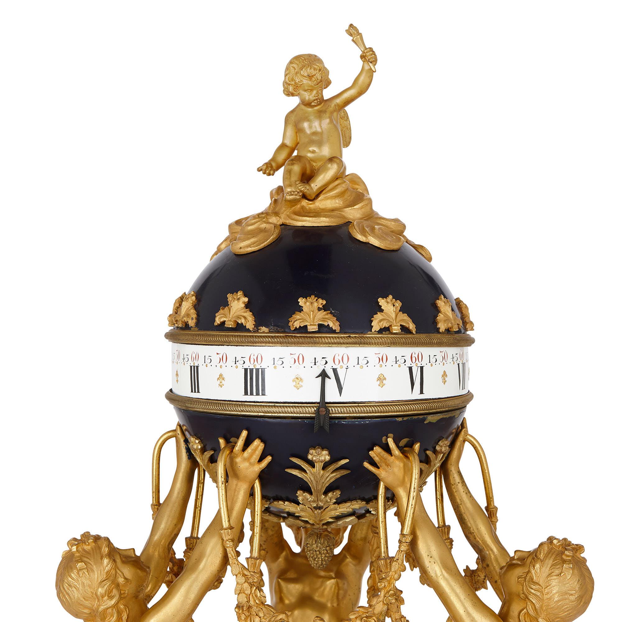 Neoclassical Antique French Gilt Bronze, Marble and Tole Revolving Dial Clock For Sale