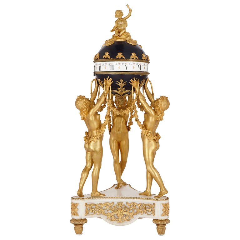 Antique French Gilt Bronze, Marble and Tole Revolving Dial Clock For Sale