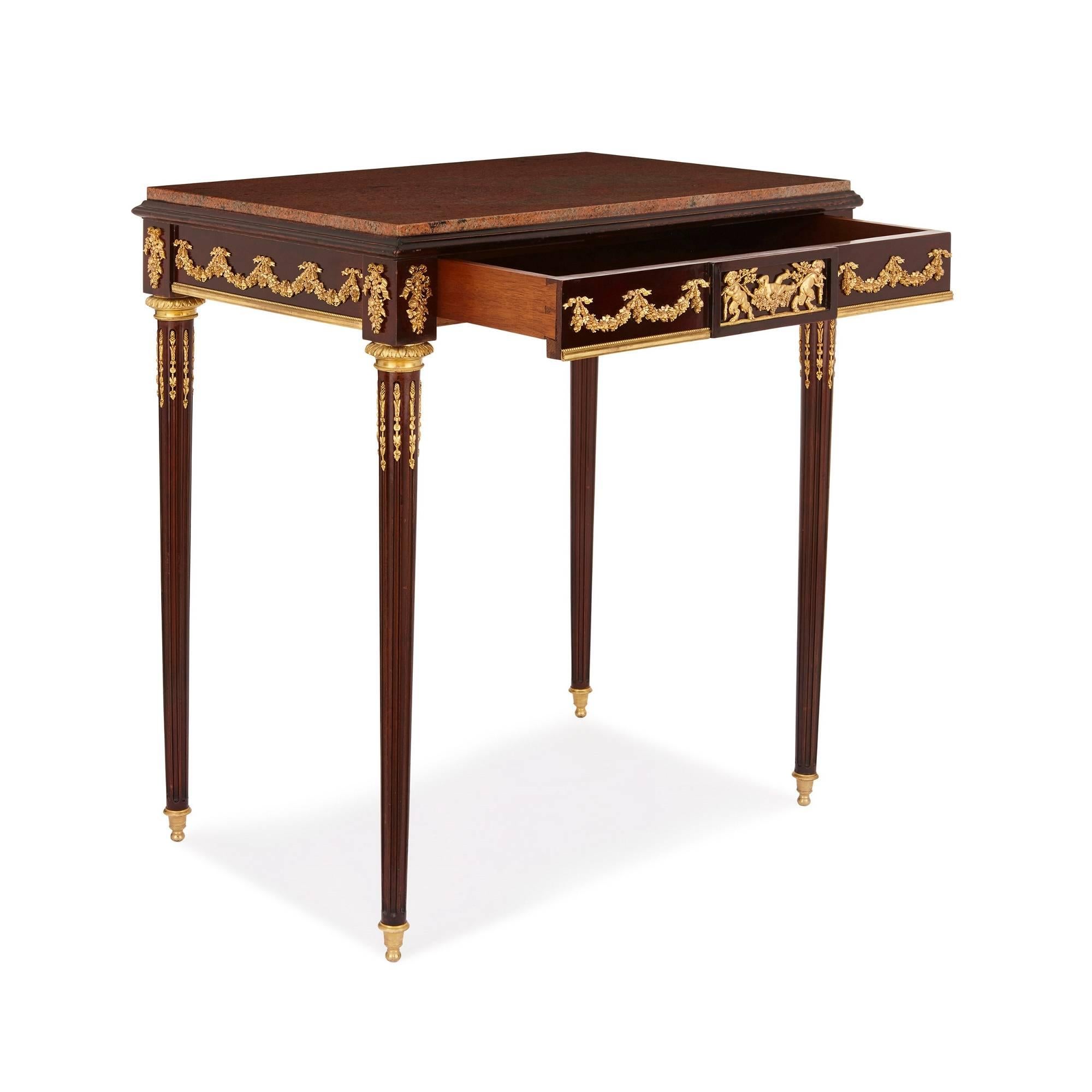 Neoclassical Antique French Gilt Bronze-Mounted Mahogany Side Table For Sale