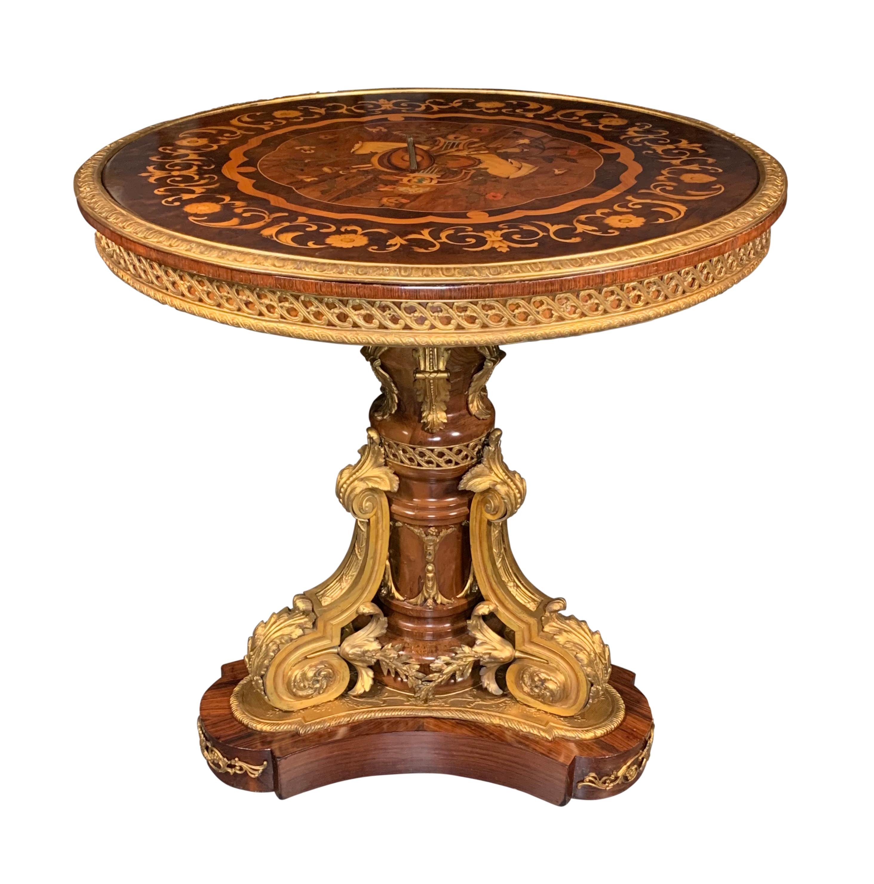 Bronze A French Louis XV Style Ormolu Mounted & Marquetry Circular Center Table For Sale