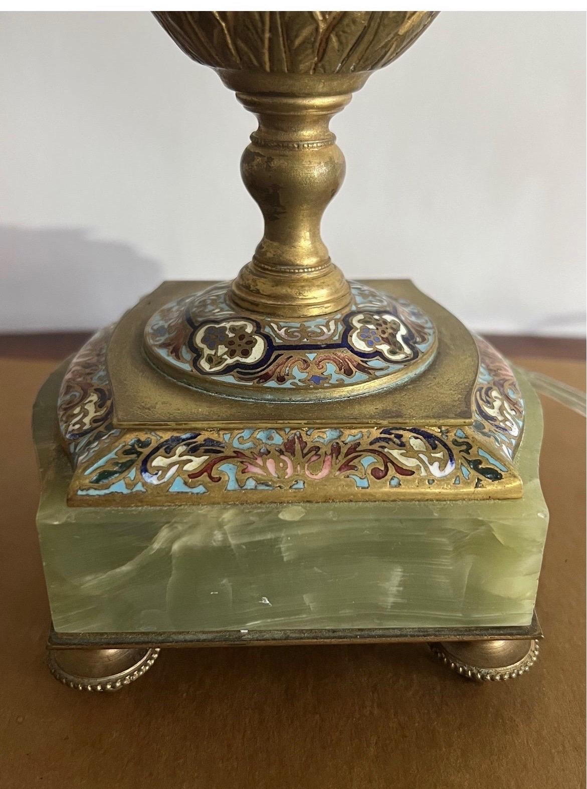 Antique French Gilt Bronze, Onyx & Champleve Enameled Cherub Handled Table Lamp In Good Condition In Atlanta, GA