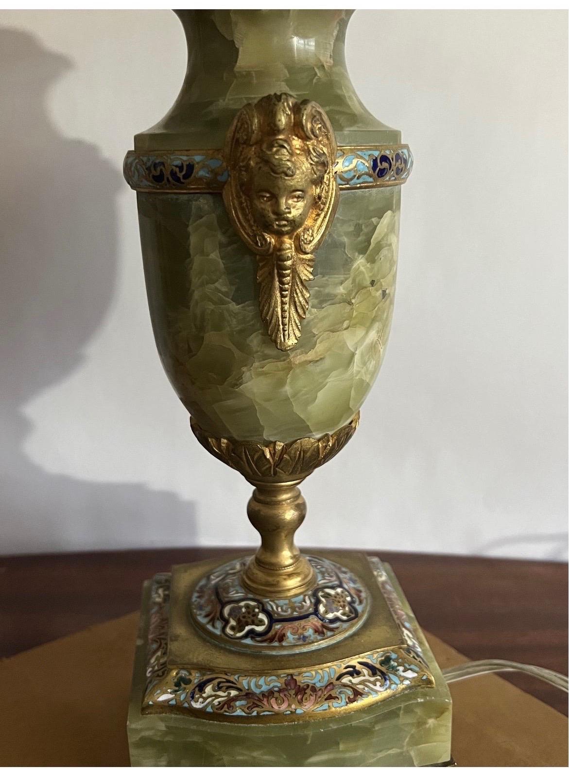 Antique French Gilt Bronze, Onyx & Champleve Enameled Cherub Handled Table Lamp 2
