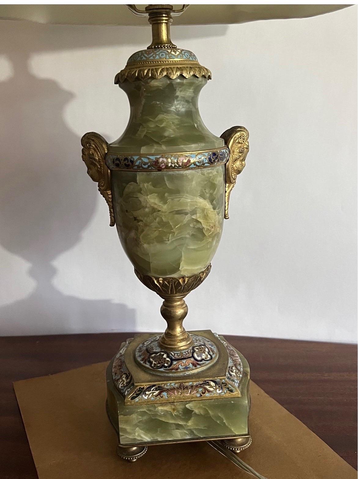 Antique French Gilt Bronze, Onyx & Champleve Enameled Cherub Handled Table Lamp 4
