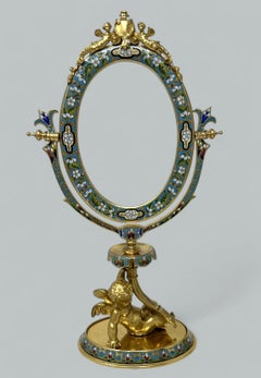 Antiguo Espejo de tocador francés de bronce dorado, esmalte Champlevé y Ormolu