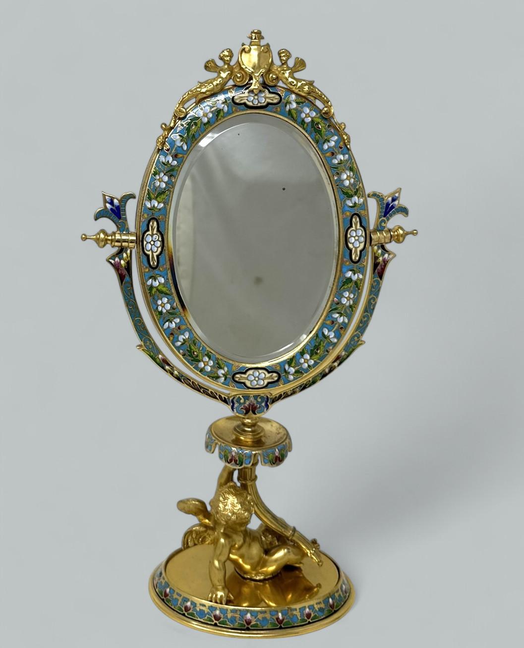 Antique French Gilt-Bronze Ormolu Champlevé Enamel Dressing Table Vanity Mirror 1