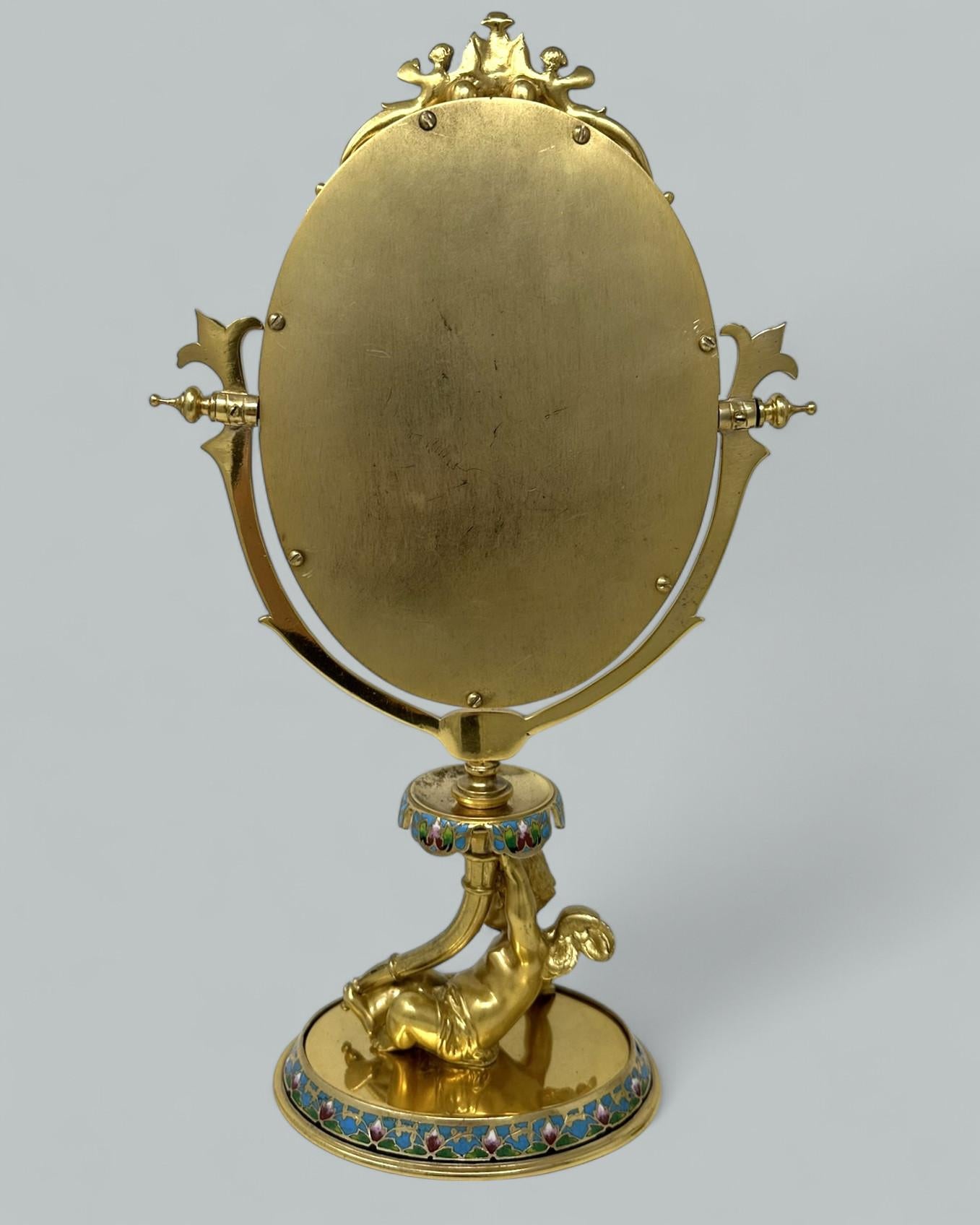 Antique French Gilt-Bronze Ormolu Champlevé Enamel Dressing Table Vanity Mirror 3
