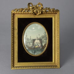 Antique French Gilt Bronze Photo Frame with Early Genre Scene Lithograph 19th C