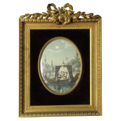 Antique French Gilt Bronze Photo Frame with Early Genre Scene Lithograph 19th C