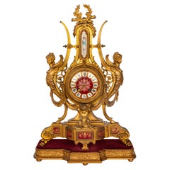 Antique French Gilt Bronze Porcelain 8 Day Japy Freres Mantel Clock & Stand 1855