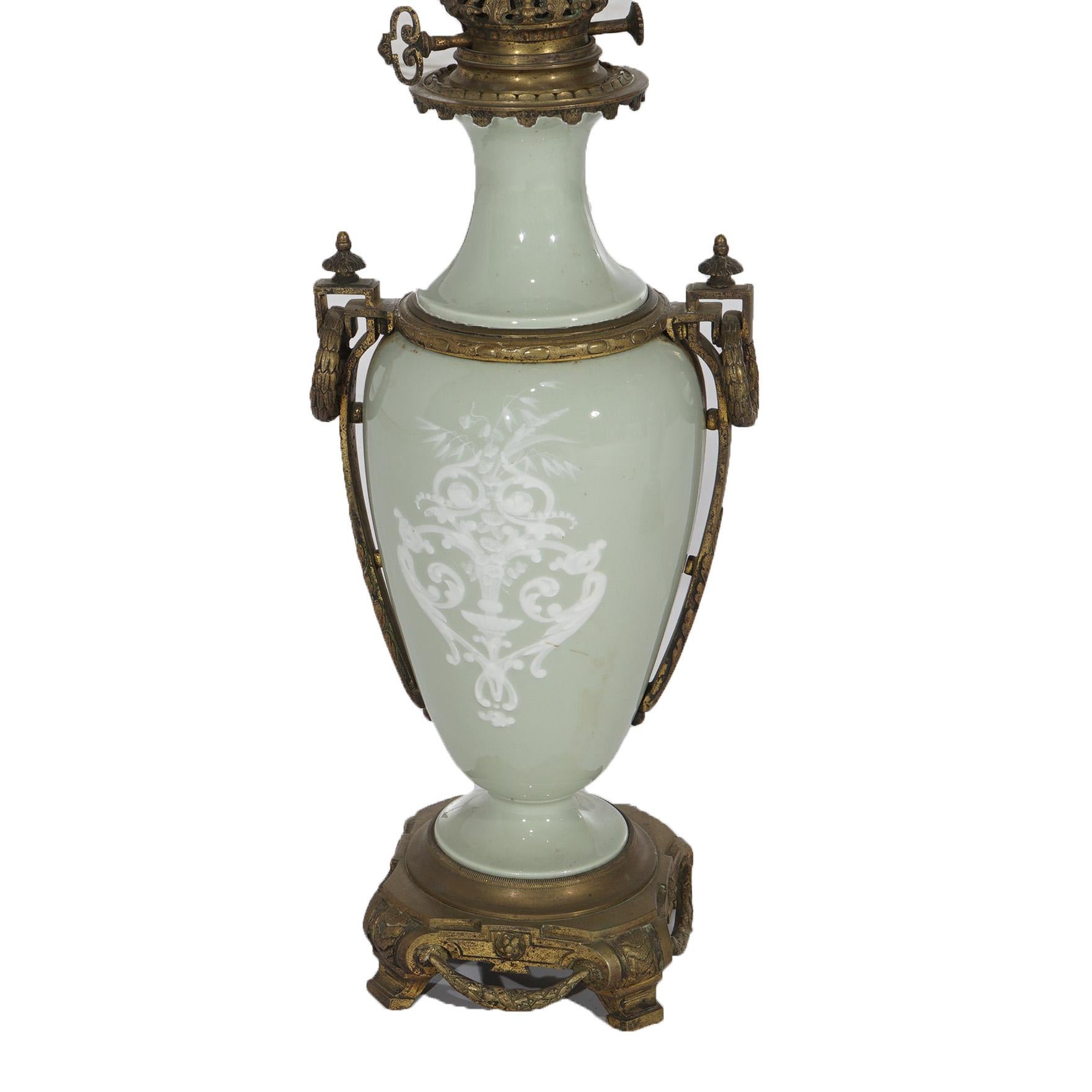 American Antique French Gilt Bronze & Porcelain Celadon Cameo Lamps with Figures1920 For Sale